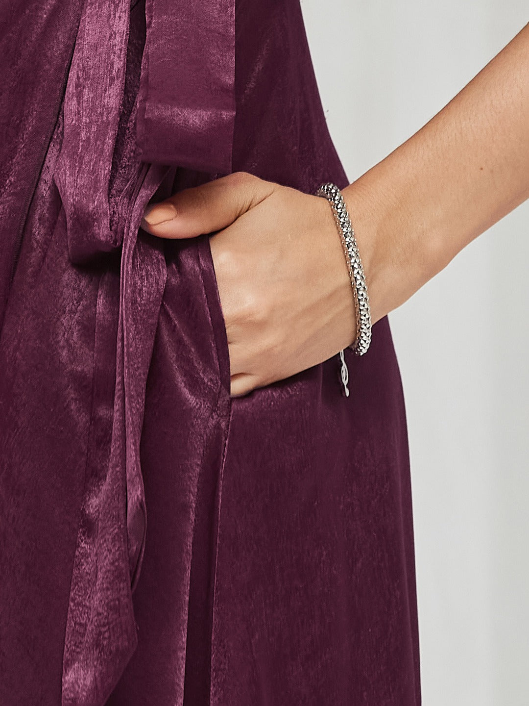 Wine V-Neck Flared Solid Overlap/Tie-Up Midi Satin Dress for Women