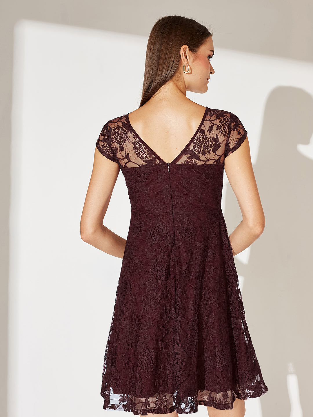 Wine Round Neck Cap Sleeves Lace Knee-Long Skater Dress for Women