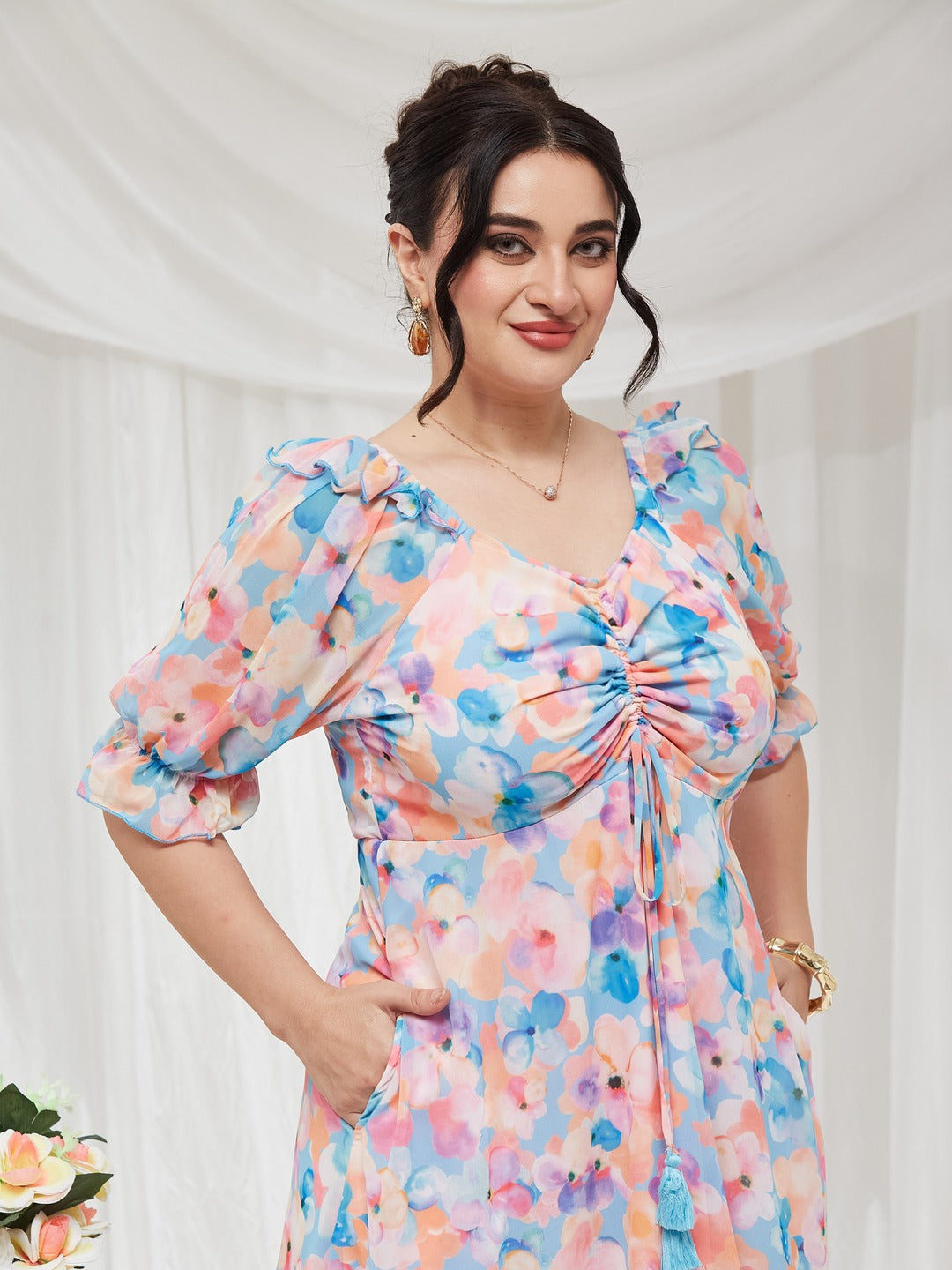 Sky Blue V-Neck Puff Sleeve Floral Ruching Ankle-Length Dress for Women — Miss Chase A+