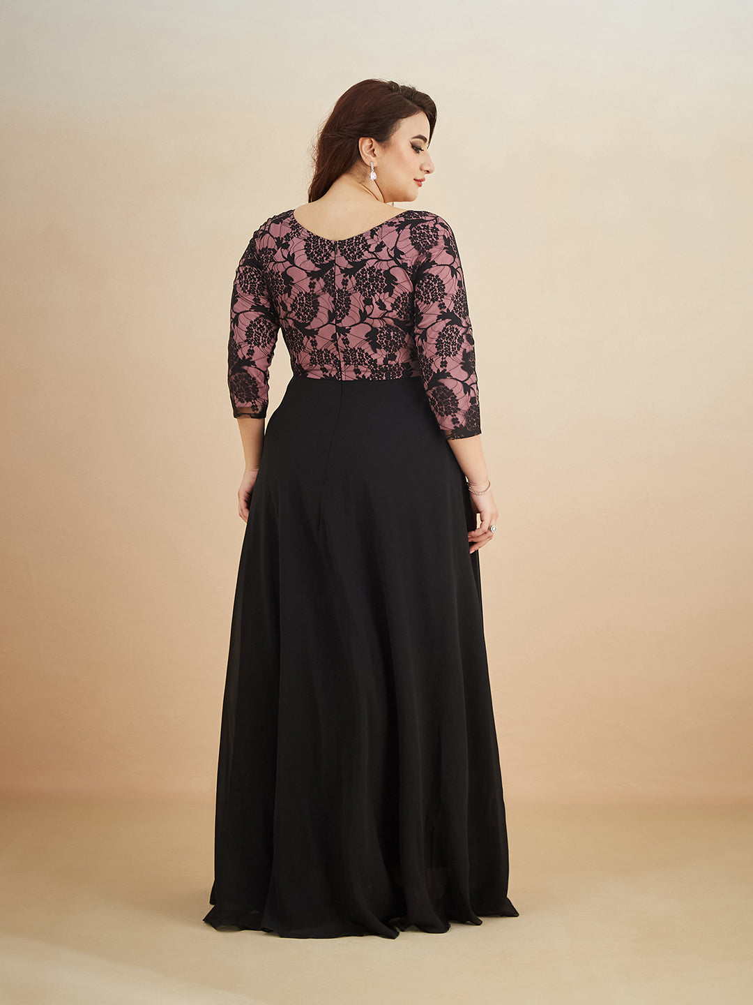 Black And Lavender Sweet heart neck 3/4 Sleeve Self Design Fit & Flare Maxi Dress for Women — Miss Chase A+