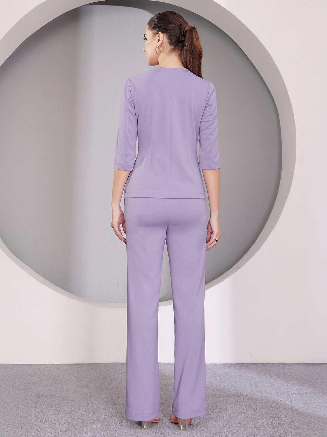 Women's Light Lavender Asymmetric Shawl-Collar 3/4 Sleeve Solid Pleated Regular Co Ord Set