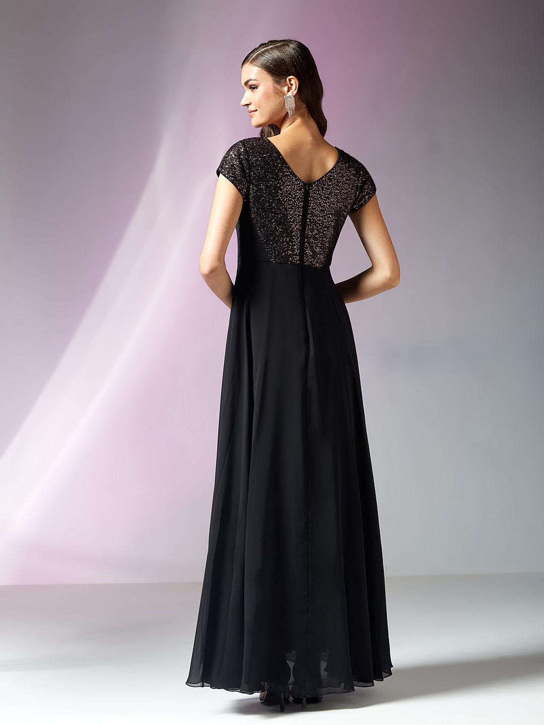 Women’s Black Round Neck Short Sleeve Embellished Fit & Flare Maxi Georgette Dress for Women