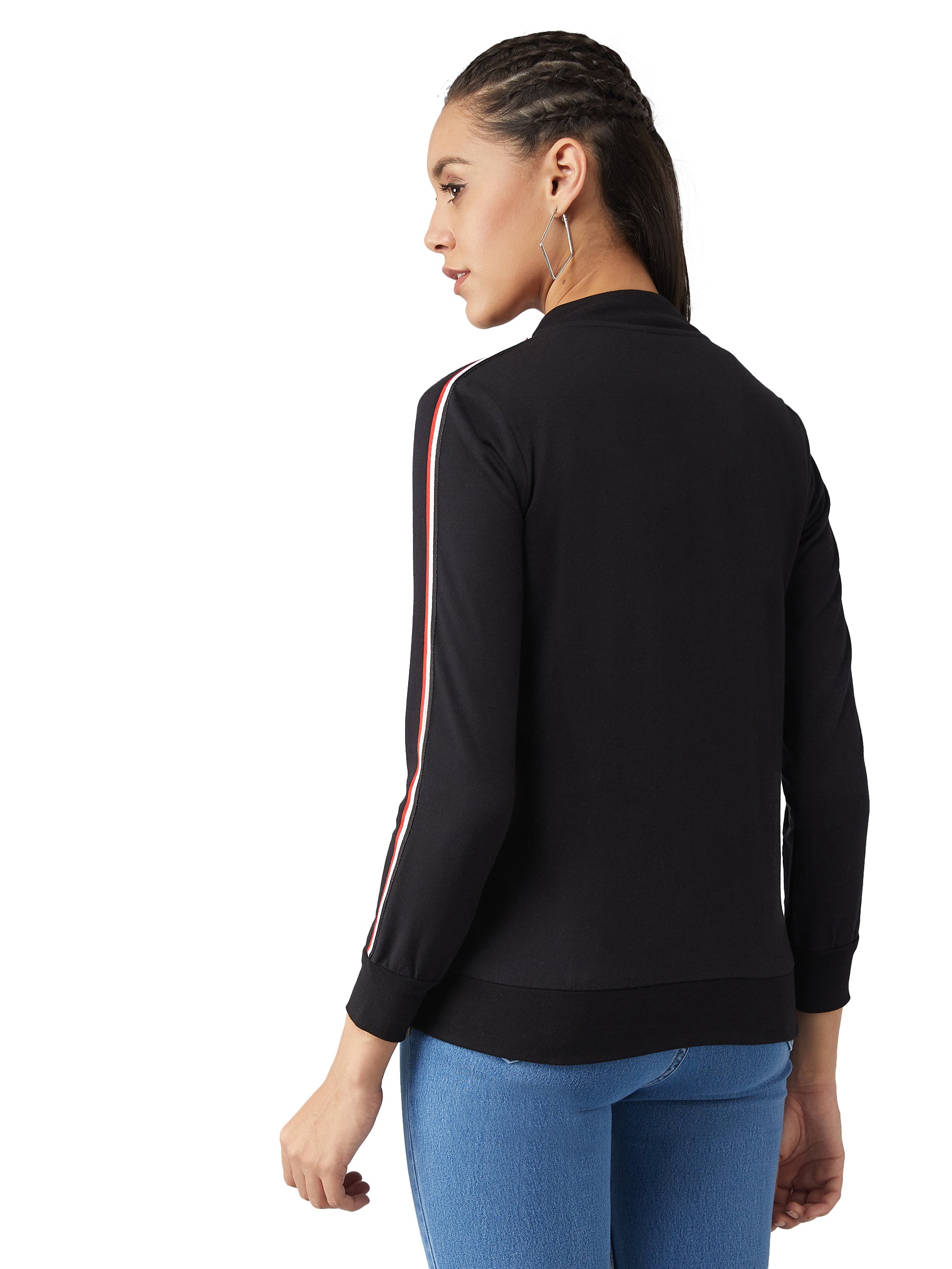 Black V-Neck Full Sleeves Cotton Solid Zippered Twill Tape Detailing Bomber Jacket for Women — Miss Chase