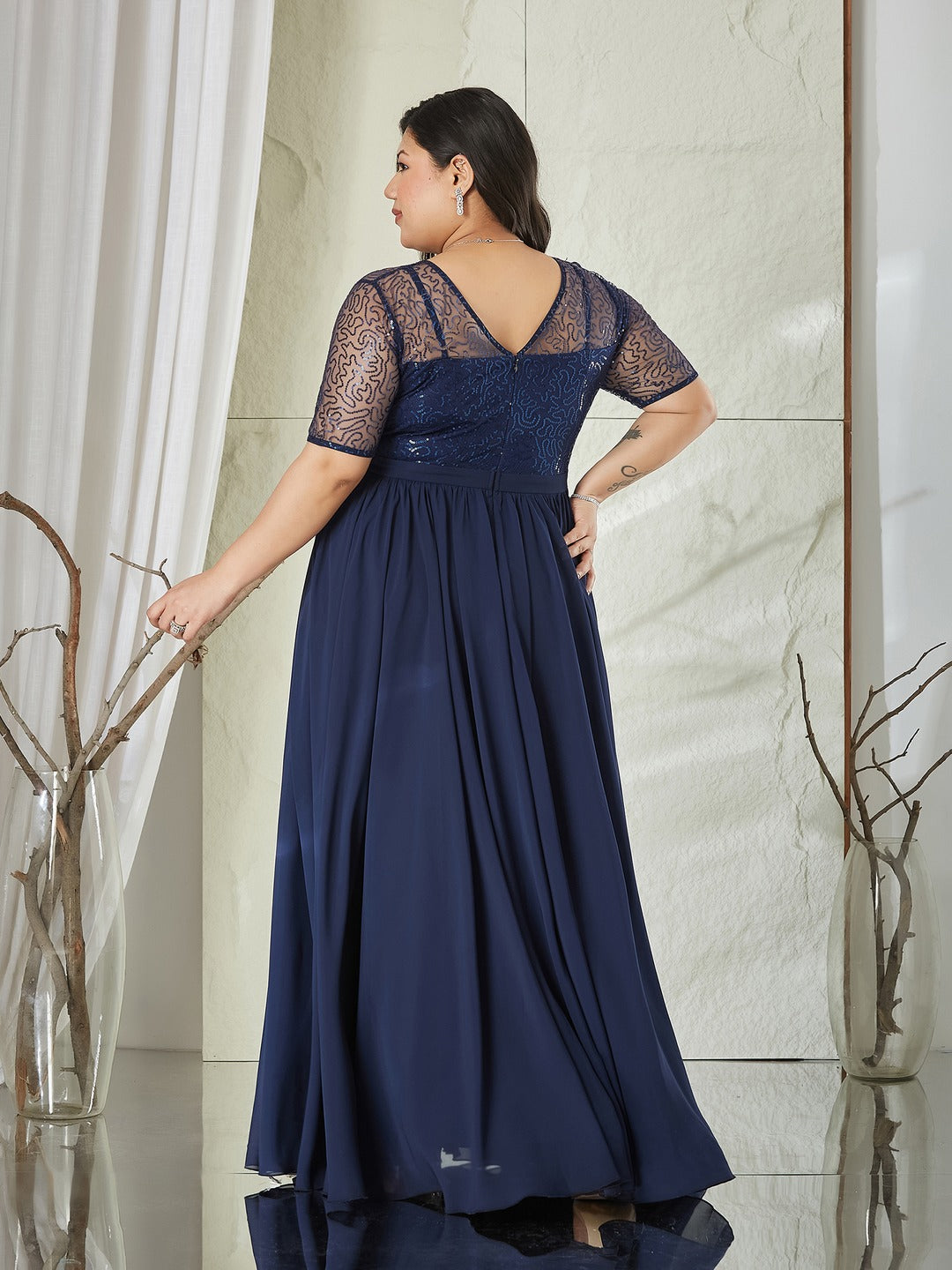 Navy Blue Relaxed Fit Maxi Georgette & Sequins Dress for Women