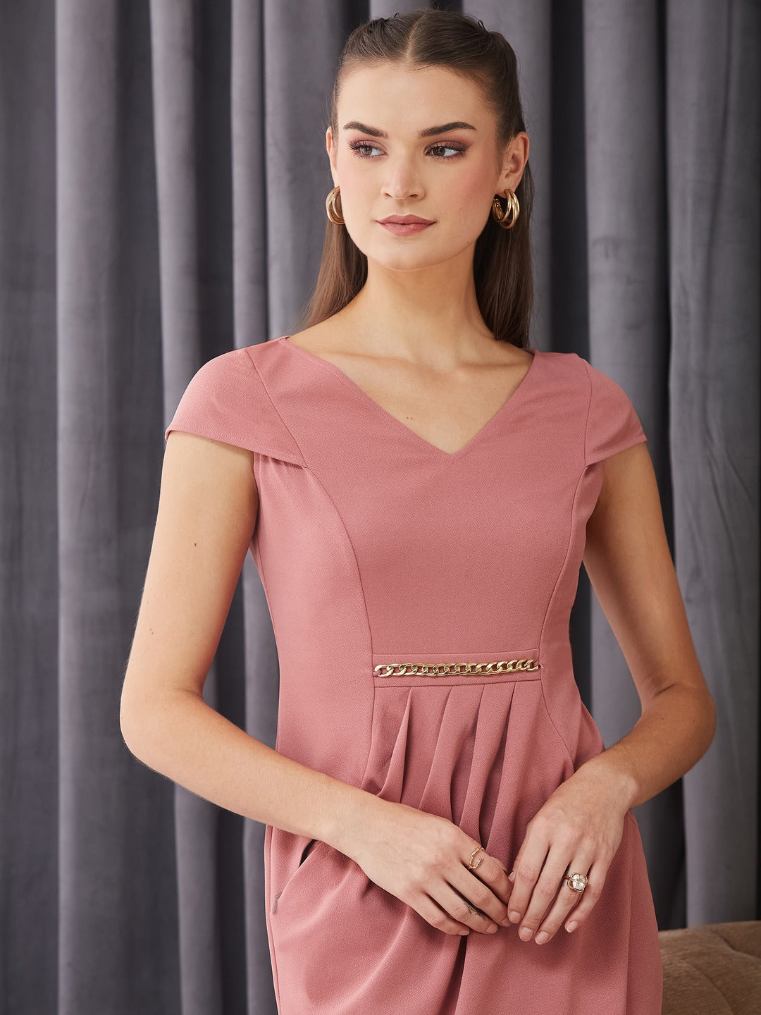 Dusty Pink V-Neck Cap Sleeve Solid Wrapped Polyester Knee-Long Dress for Women