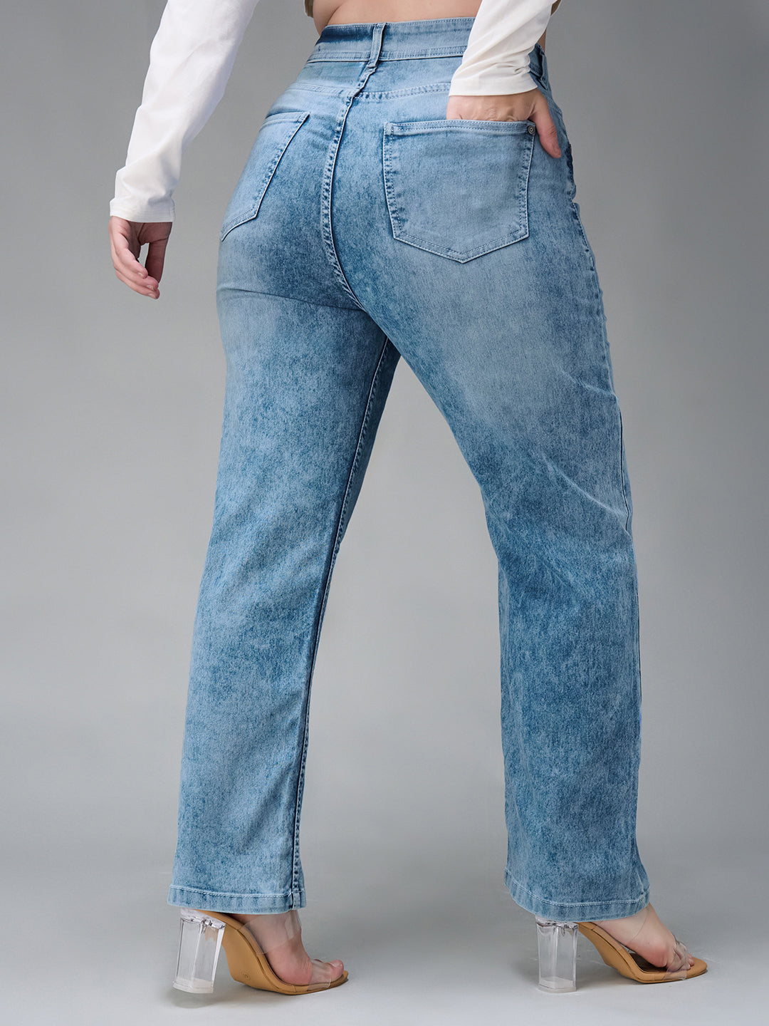 Women's Light Blue Wide Leg Fit High Rise Stretchable Denim Jeans