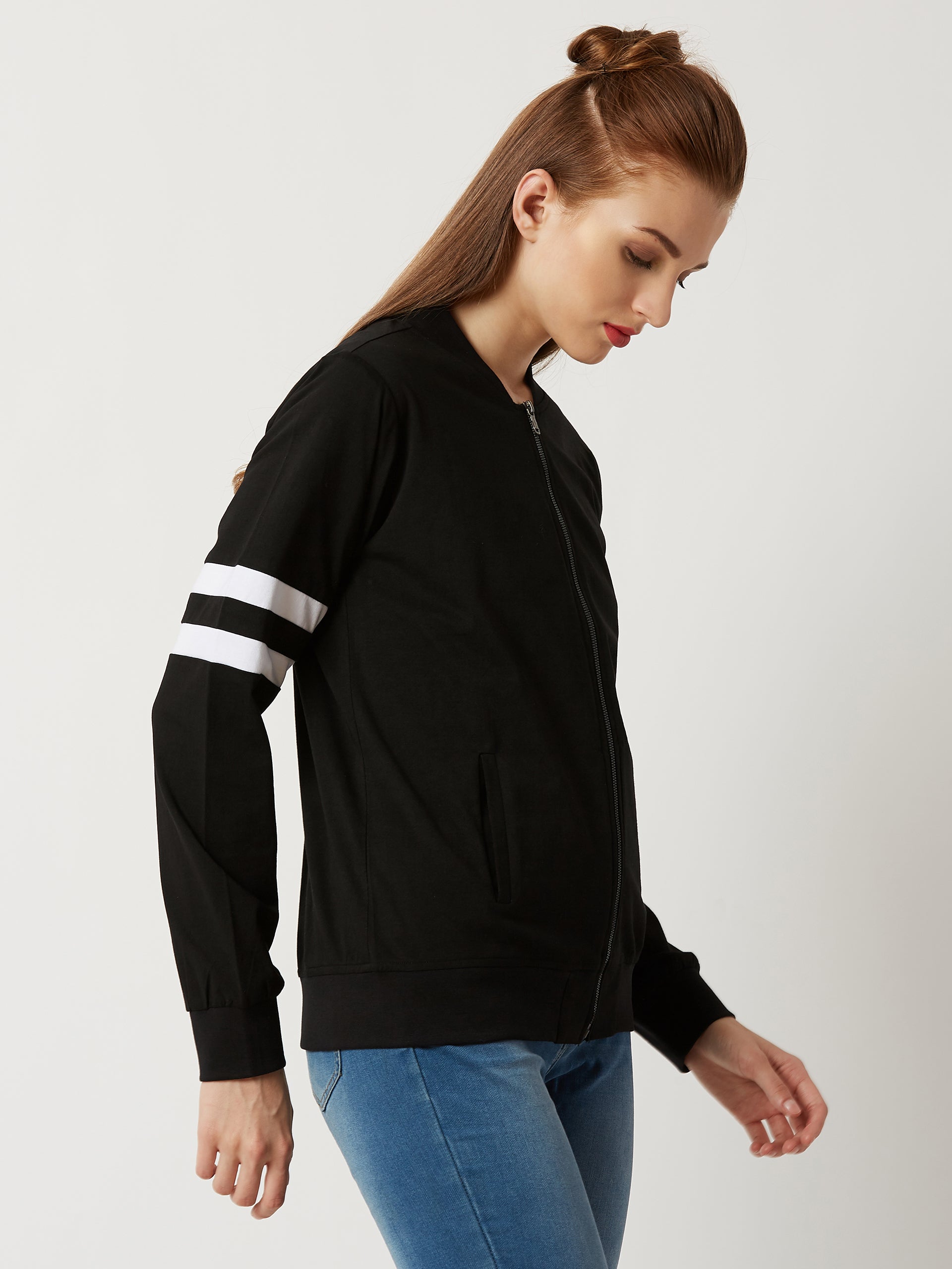 Women's Black Round Neck Full Sleeve Cotton Solid Stripe Detailing Bomber Jacket