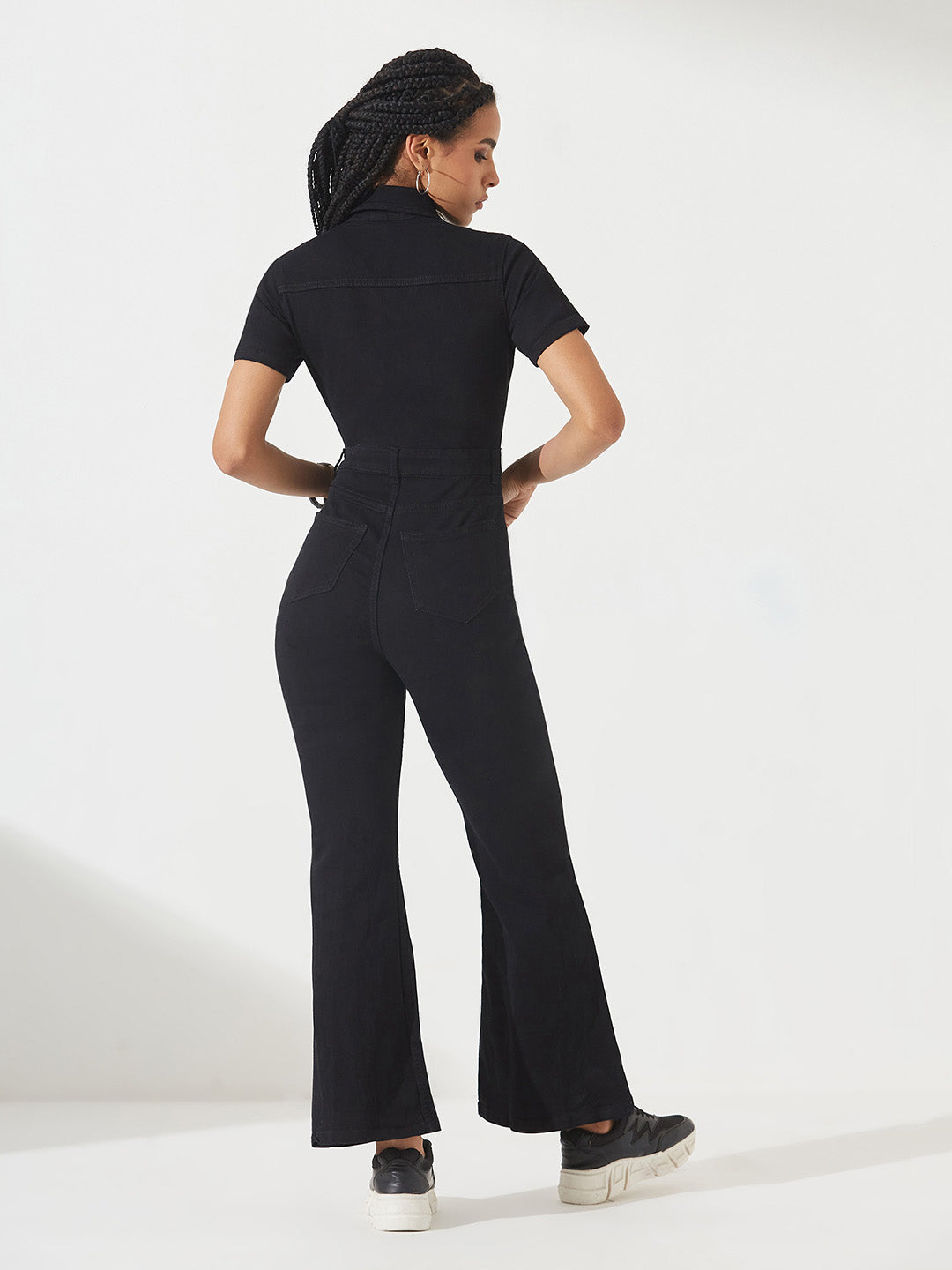 Black Flared High-Rise Stretchable Denim Jumpsuit for Women — Dolce Crudo