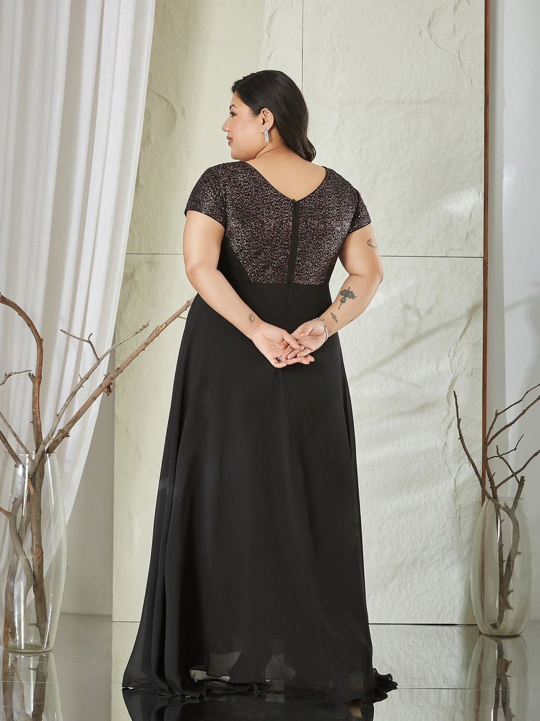 Black Round Neck Short Sleeve Embellished Fit & Flare Maxi Georgette Dress for Women