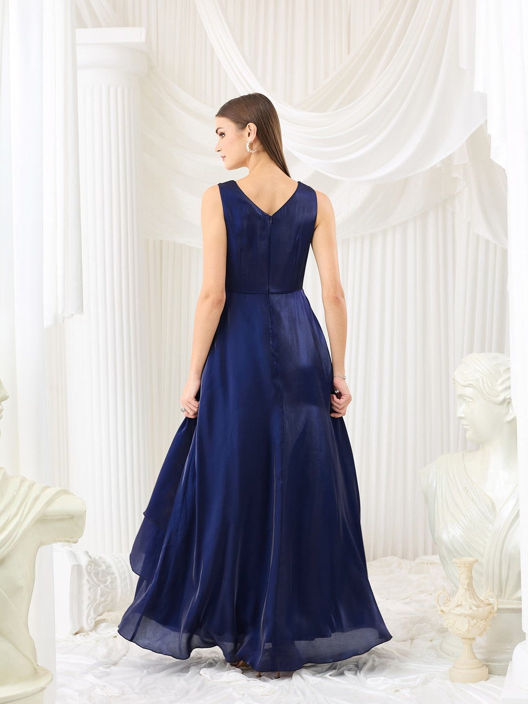 Sleeveless Navy Blue Gown in Embroidered Layered Premium Satin for Women