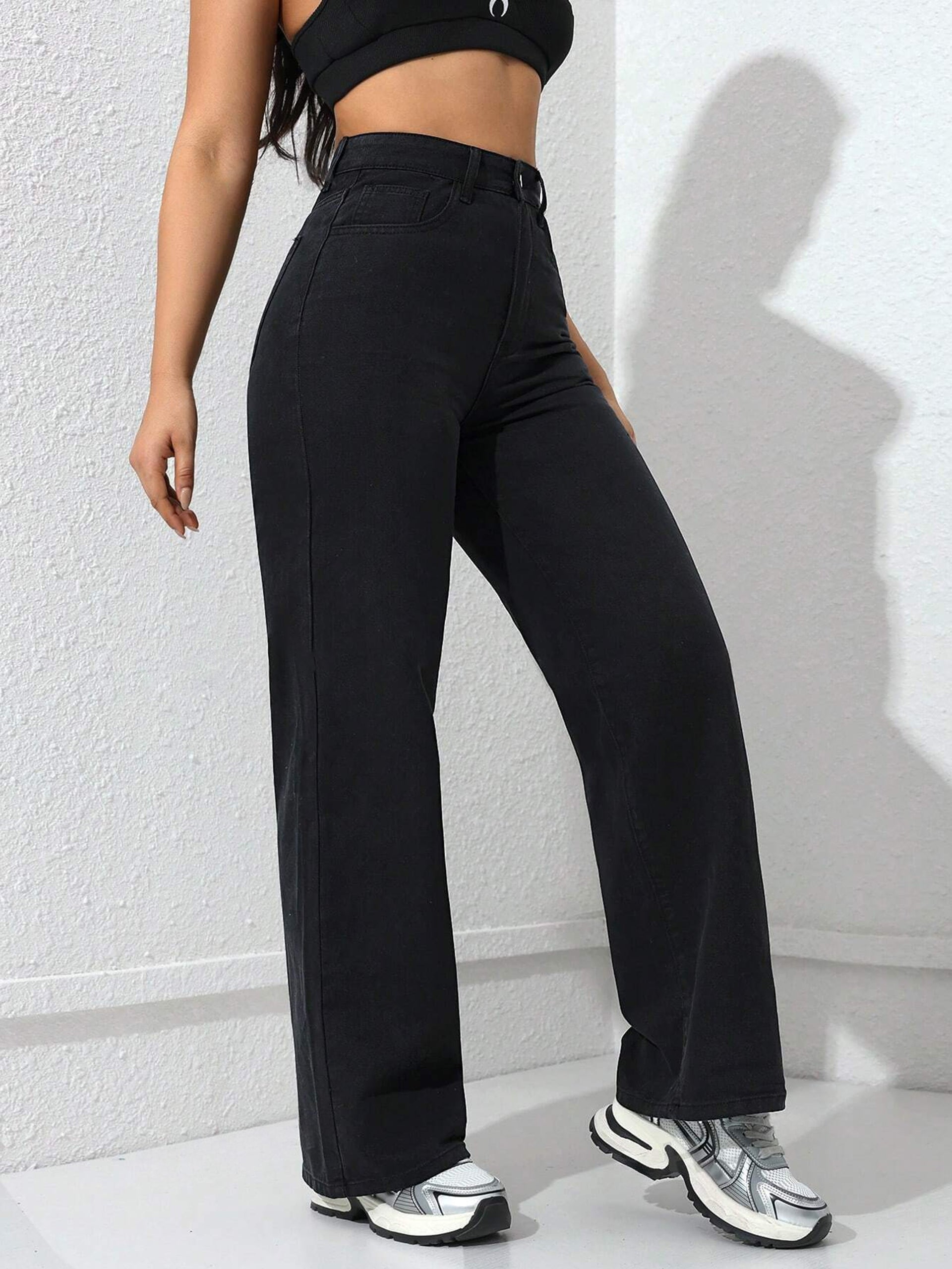 Women's Black Straight High-Rise Clean-Look Regular-Length Stretchable Denim Jeans
