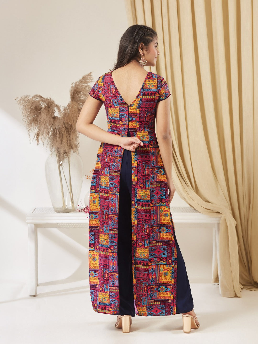 Navy Blue Keyhole-Neck Regular Sleeve Bohemian Paneled Viscose-Rayon Regular-Length Jumpsuit for Girls/Teenagers