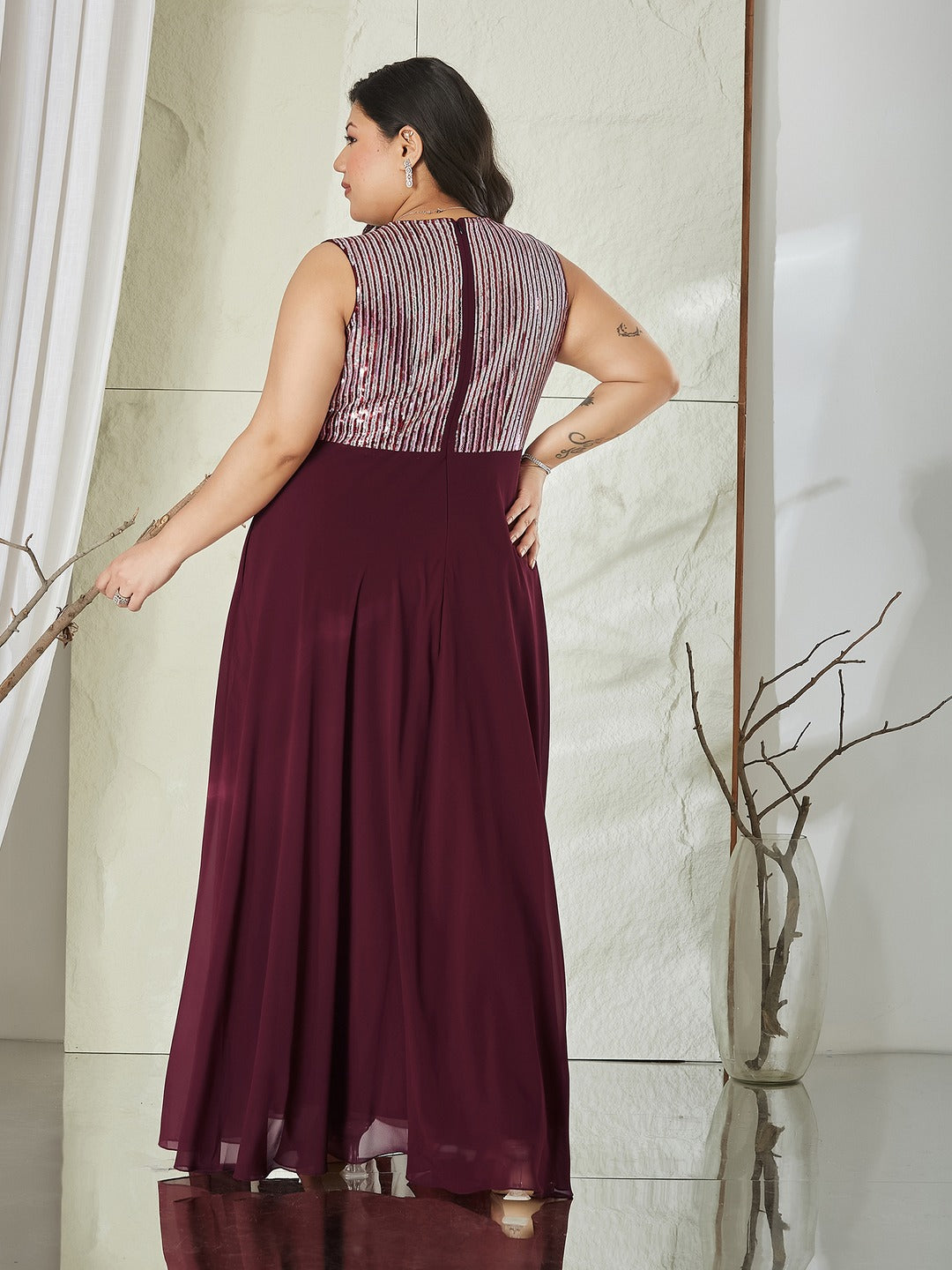 Wine V-Neck Sleeveless Embellished Wrap-Styled Maxi Georgette Dress for Women