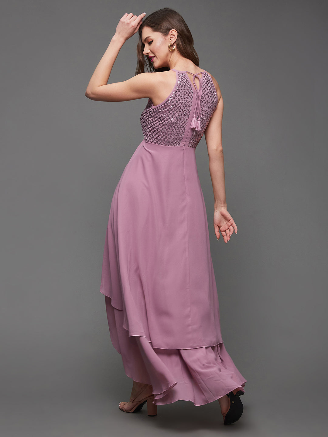 Women's Cocktail Dusty Lavender Georgette Halter Neck Sleeveless Embellished Layered Maxi Dress