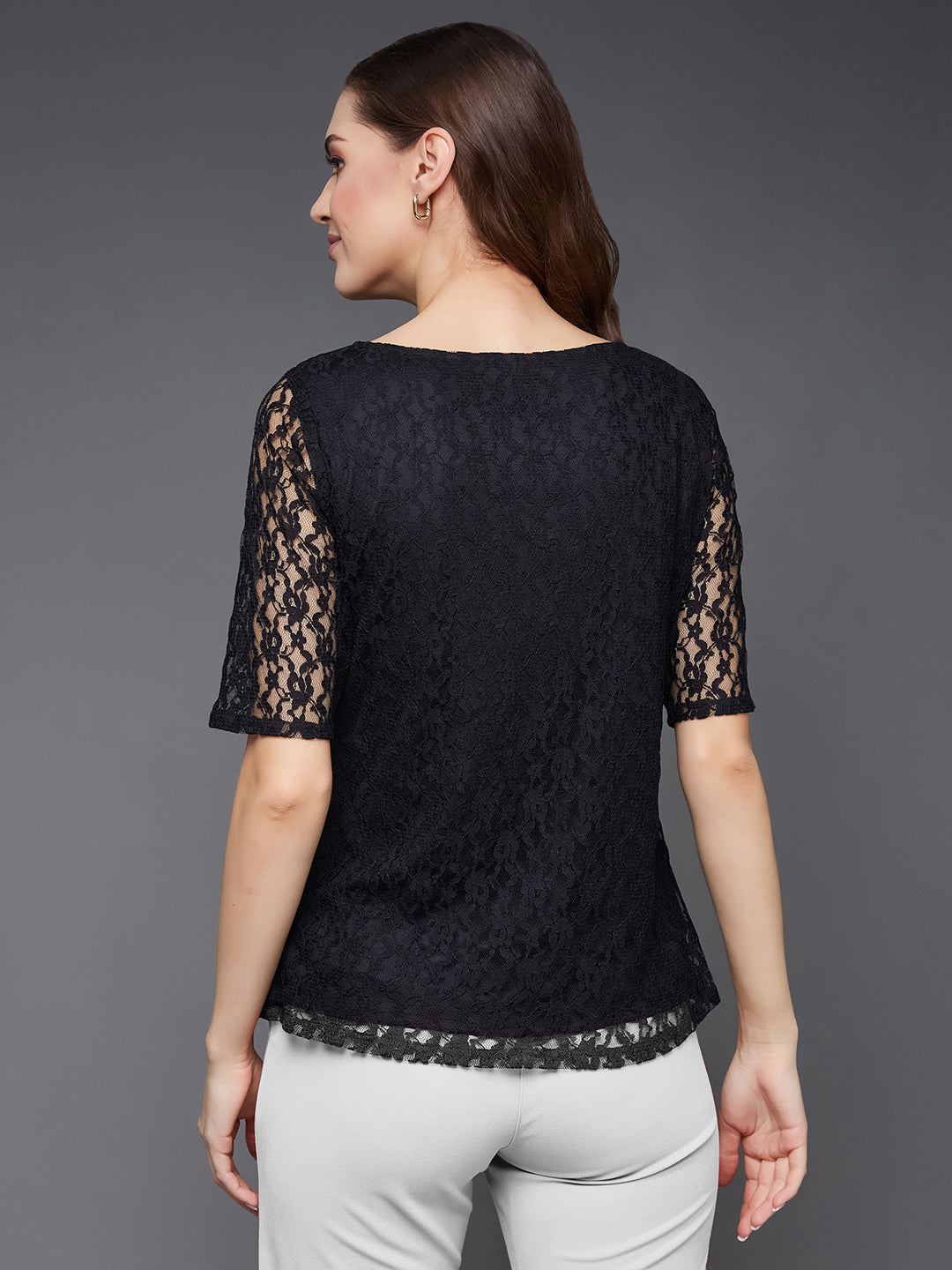 Women's Black Round Neck Half Sleeves Basic Lace Crop Top