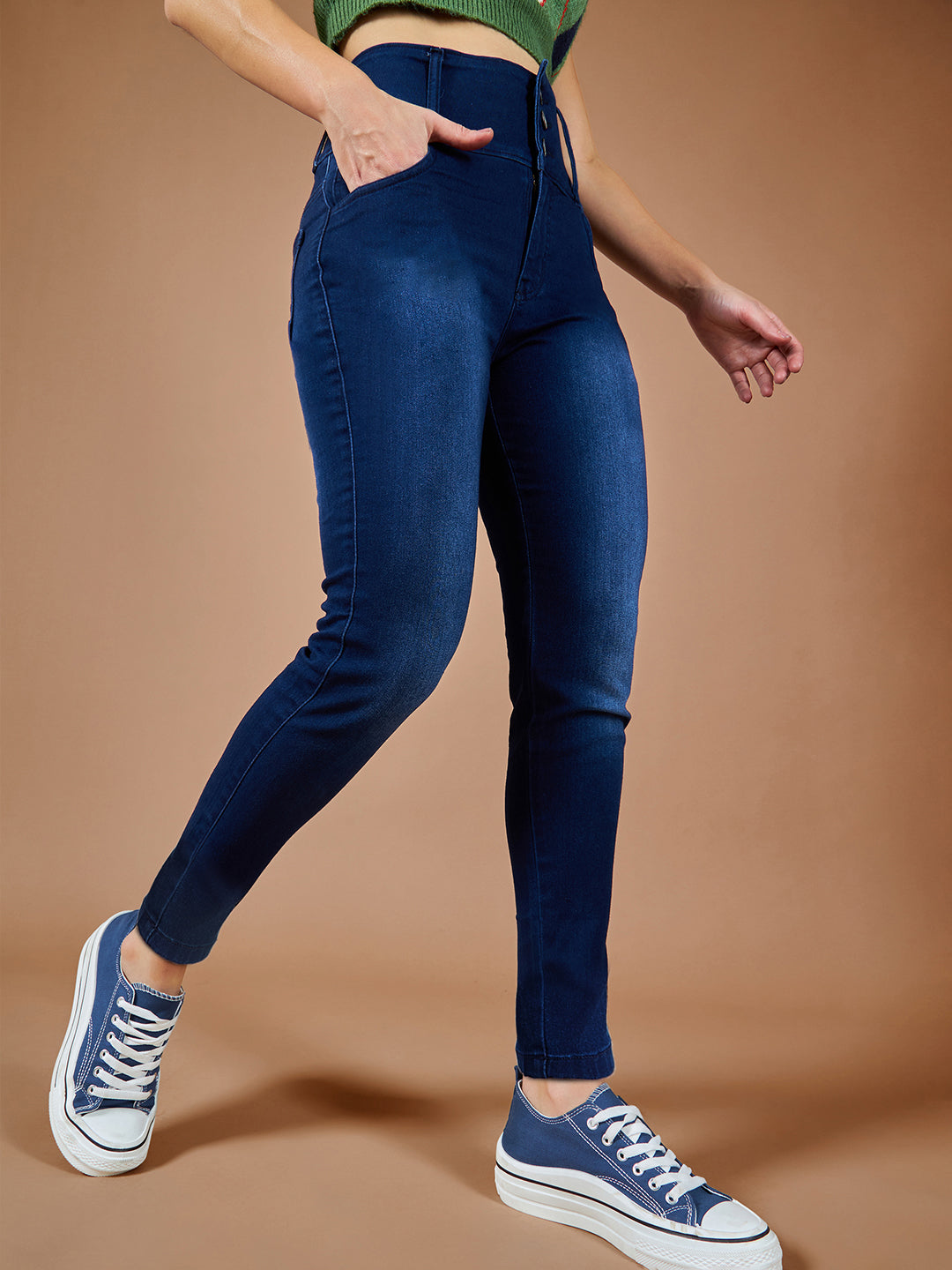 Women's Navy Blue Skinny Fit High Rise Clean Look Regular Length Stretchable High Waist Denim Jeans