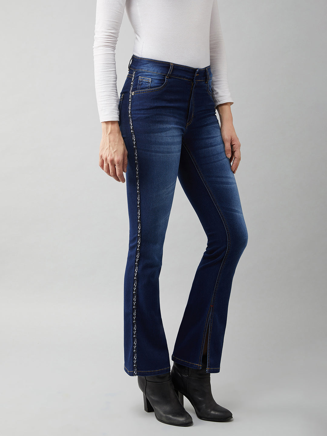 Blue Cotton Bootcut Fit & Flared Mid Rise Regular Length Stretchable Denim Jeans for Women