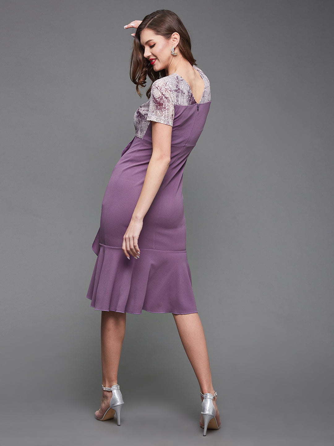 Crease Ease Women's Dark Lavender Abstract Ruffled Knee-Long Dress