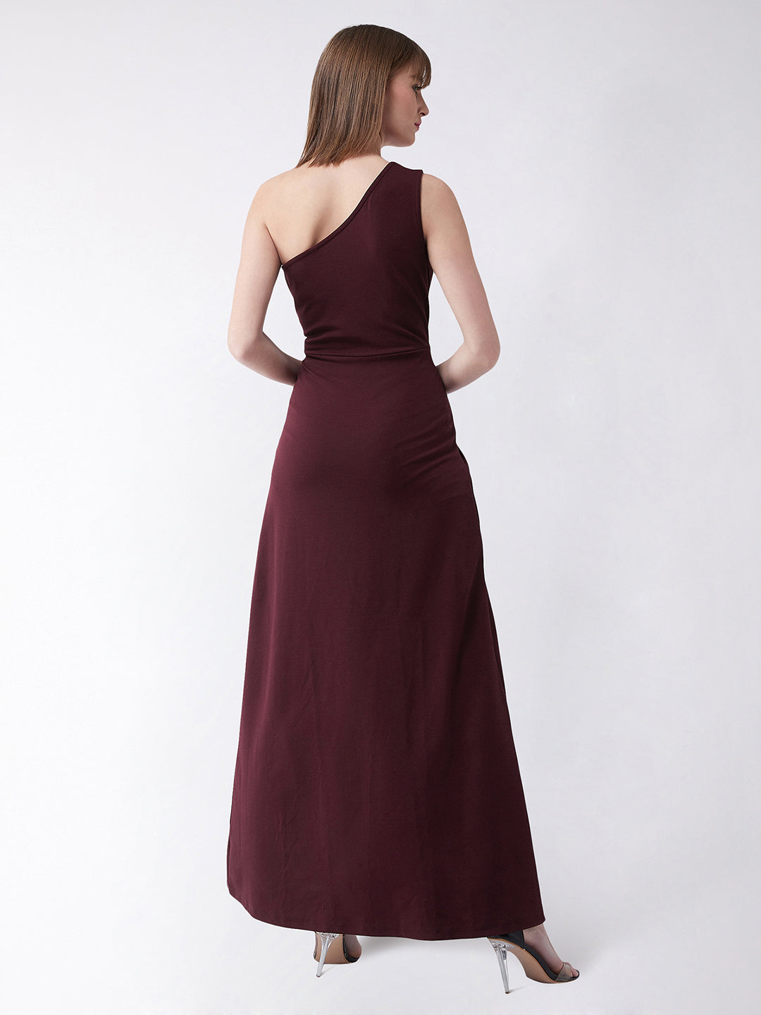 Crease Ease Women's Wine Red One-Shoulder Sleeveless Solid Side Slit Maxi Dress