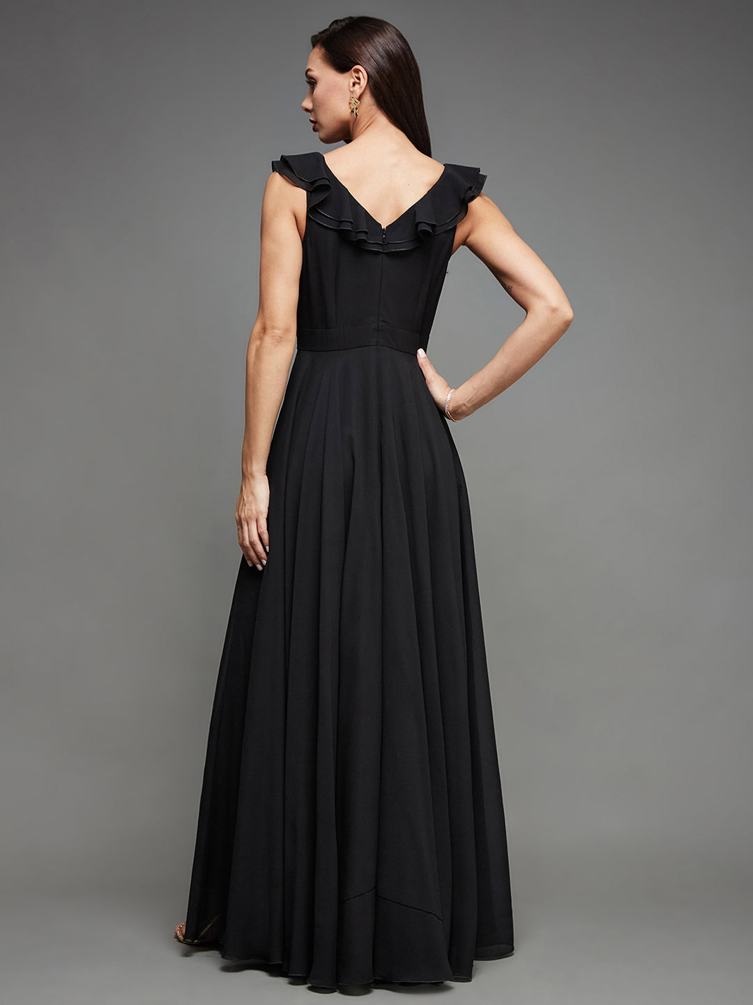 Cocktail Party Black Sleeveless Embroidered Ruffled Georgette Maxi Dress