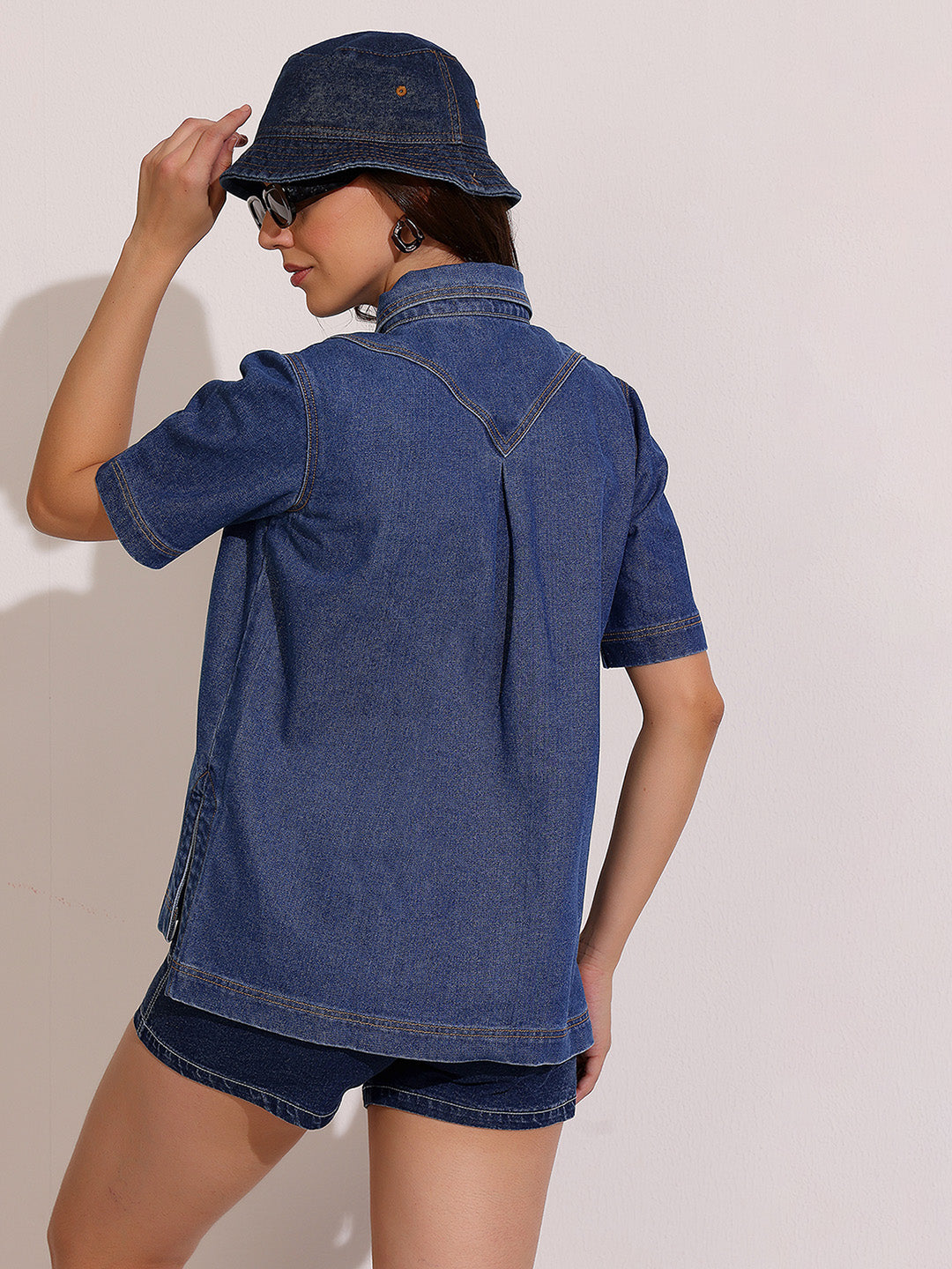 Women's Navy Blue Boxy Denim Shirt