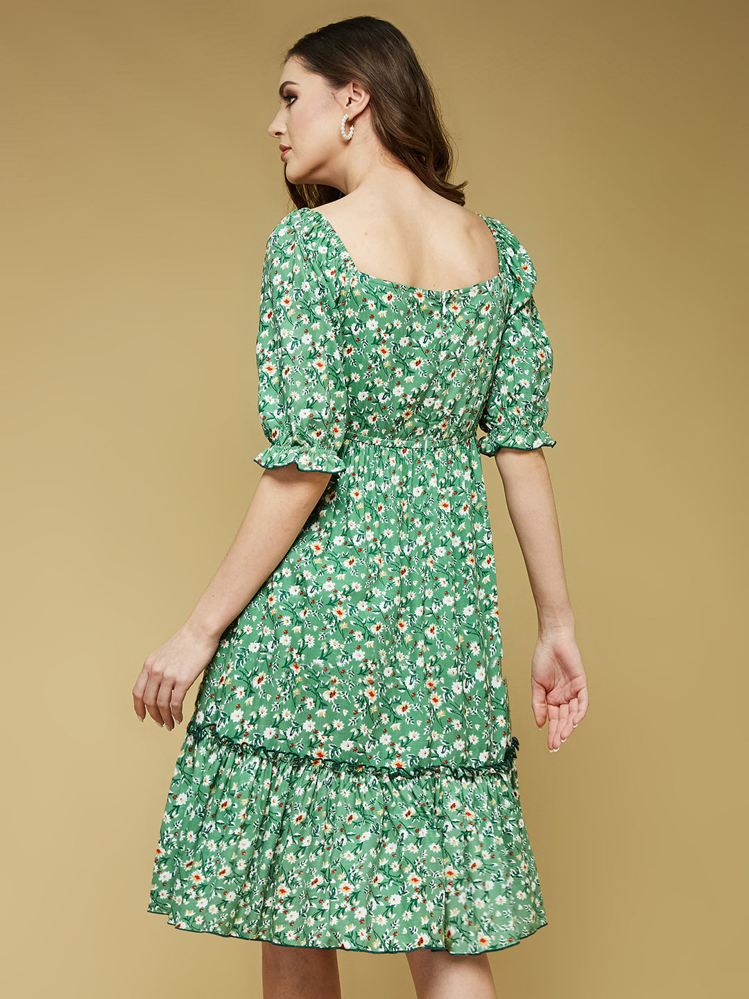 Women's Green Floral Square Neck 3/4 Sleeve Viscose Rayon Ruffled Knee Length Dress