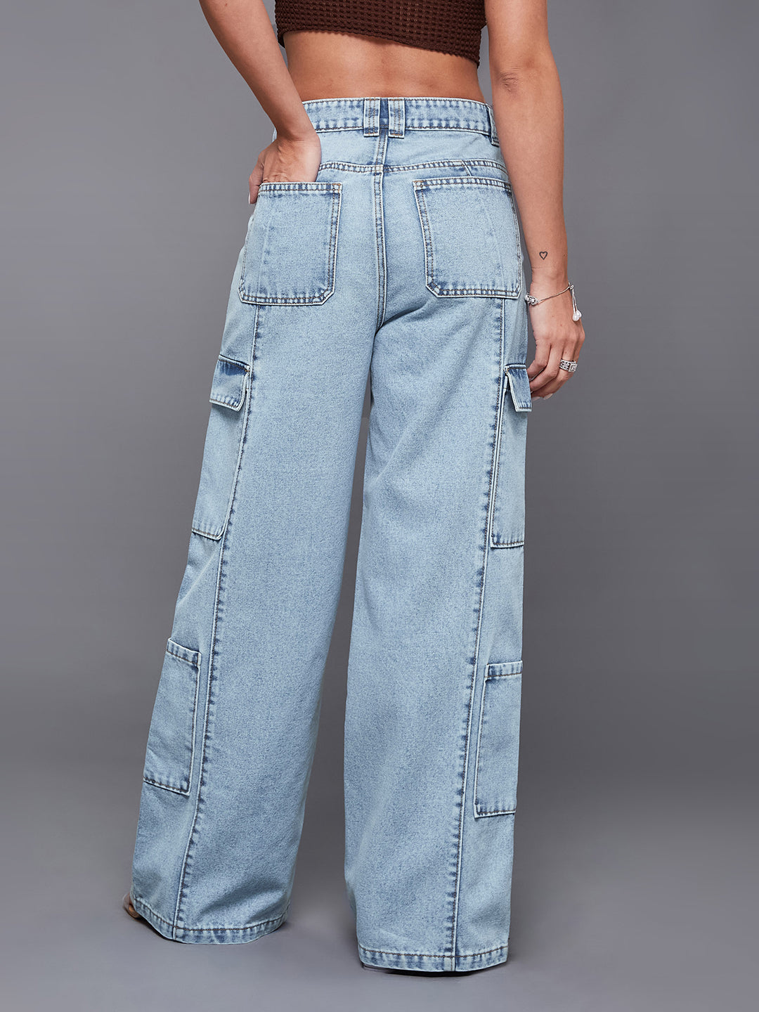 Y2K Women's Light Blue Wide Leg High Rise Cargo Denim Jeans