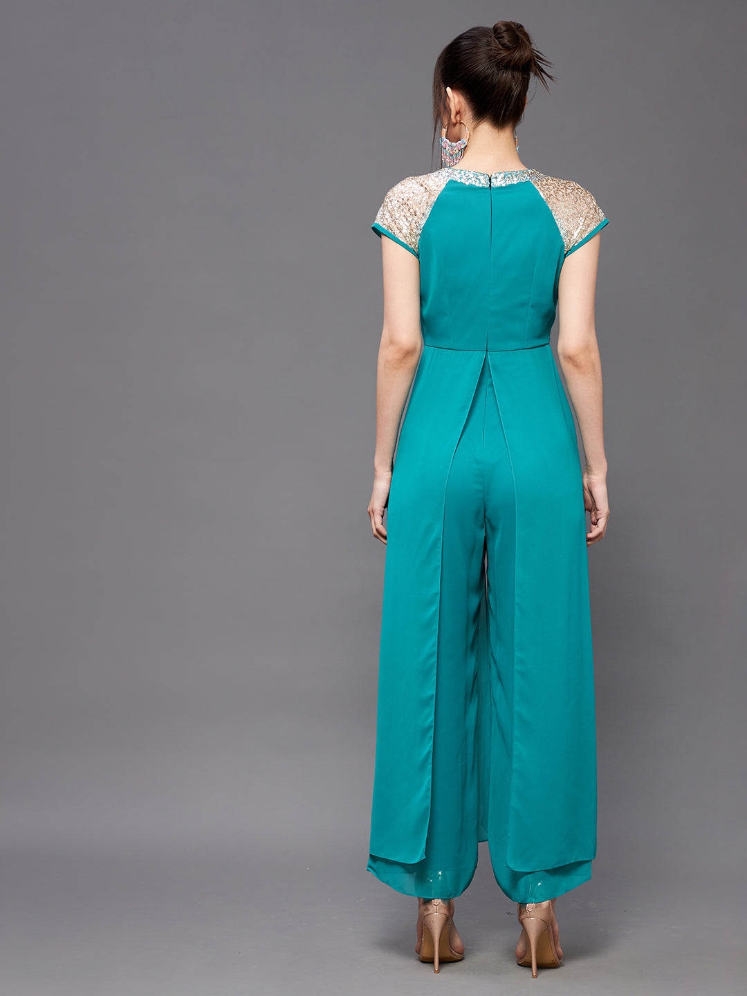 Women's Turquoise Round Neck Raglan Sleeve Sequined Layered Party Jumpsuit