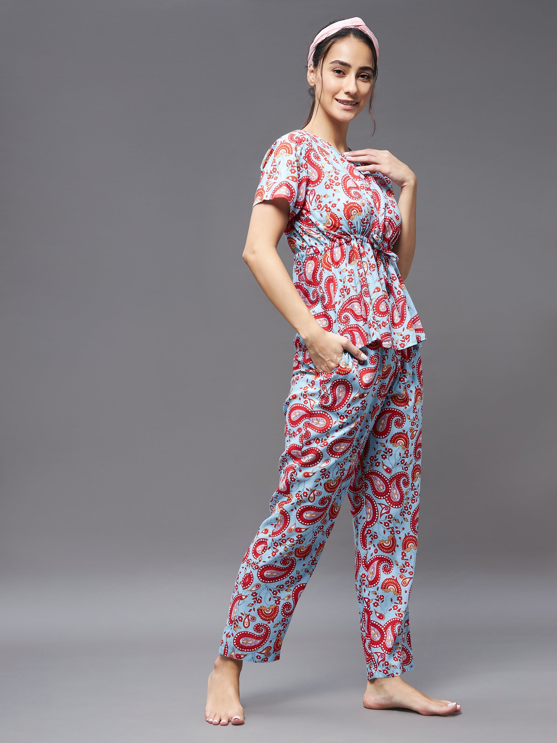 Women's Blue and red Round Neck Short Sleeve Printed Button Down Placket Regular Top & Pajama Set