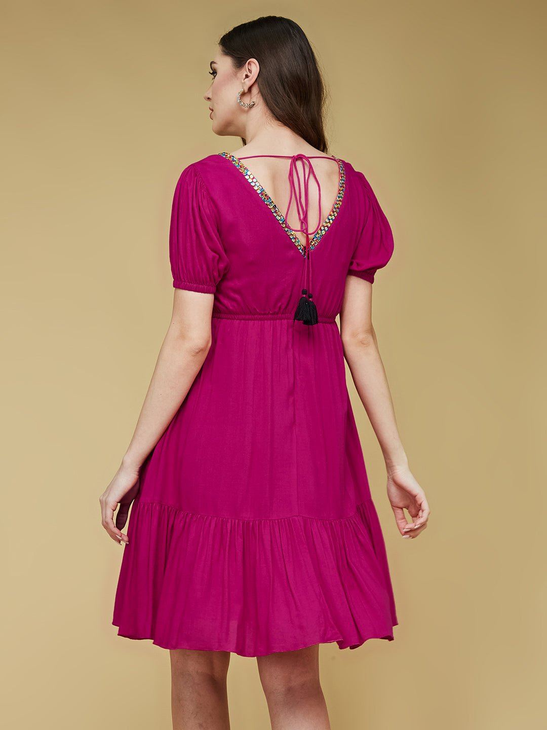 Women's Dark Pink Embroidered Lace Overlaid Square Puff Sleeve Viscose Rayon Knee-Length Dress