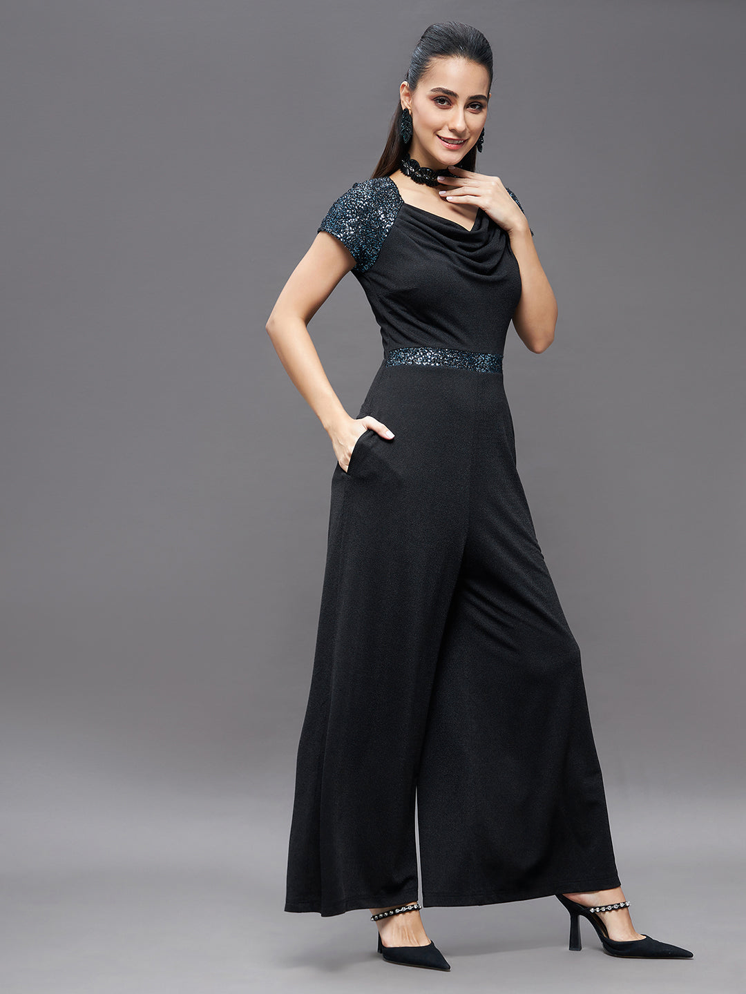 Crease Ease Women's Black Cowl Neck Raglan Sequined Sleeve Party Jumpsuit