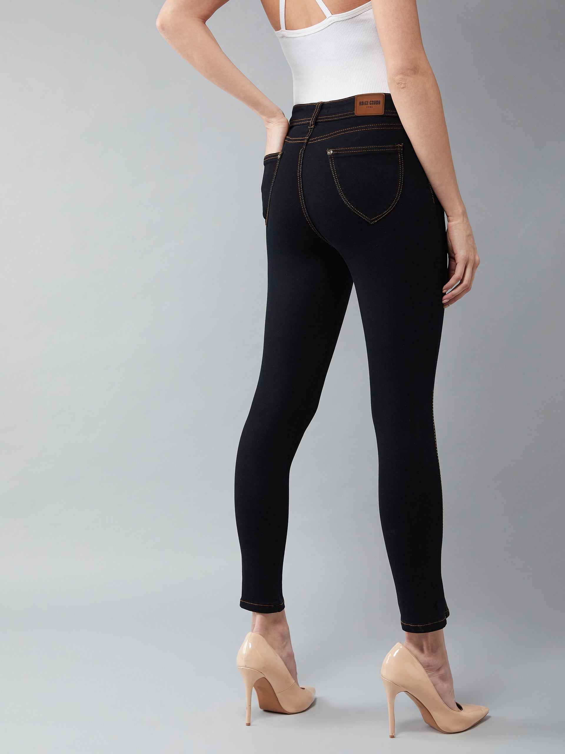 Women's Black Embellished Skinny High Rise Side Slit Solid Cropped Length Stretchable Denim Jeans