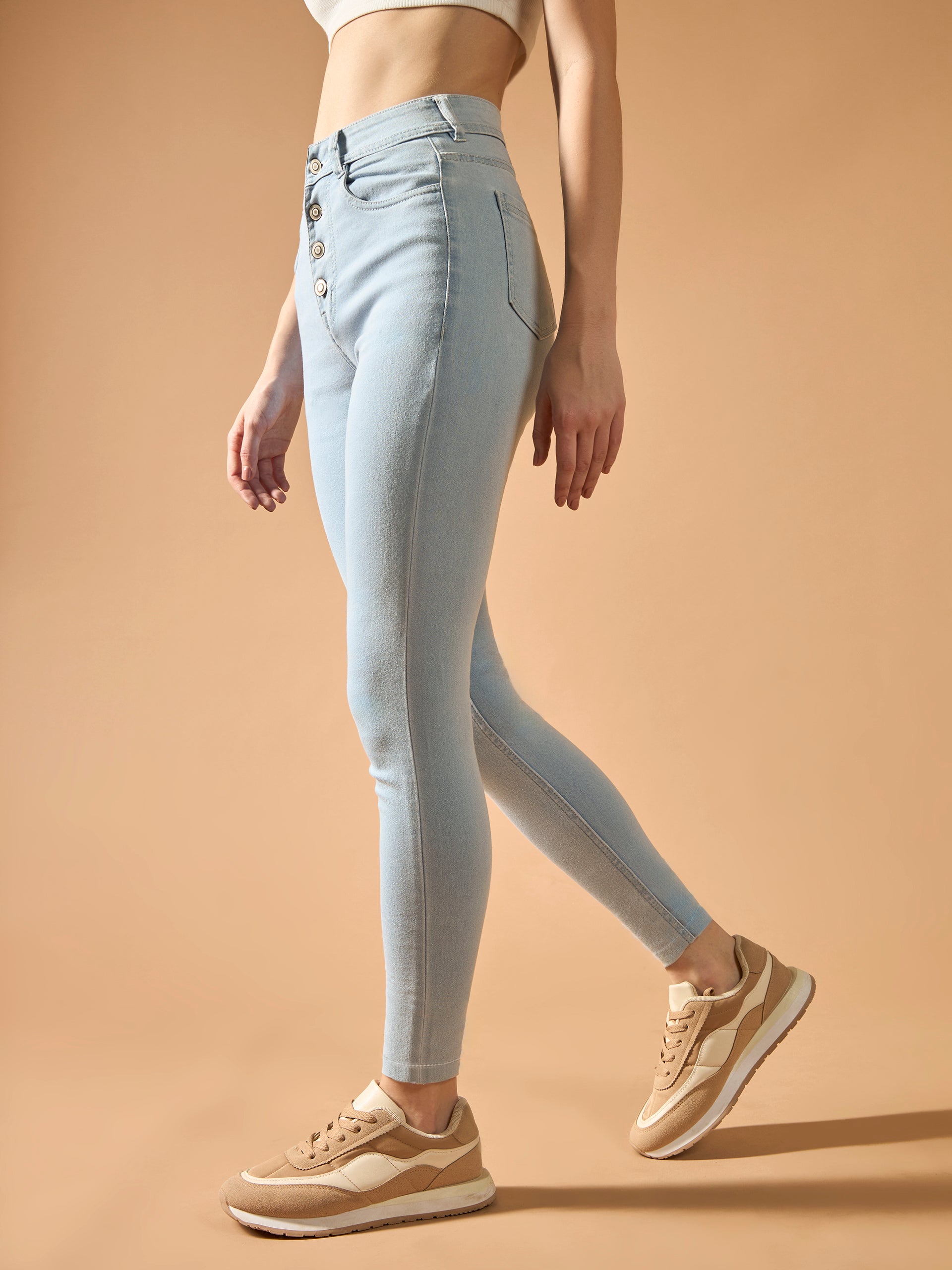 Light-Blue Skinny-Fit High-Rise Distressed Regular Denim Jeans for Women