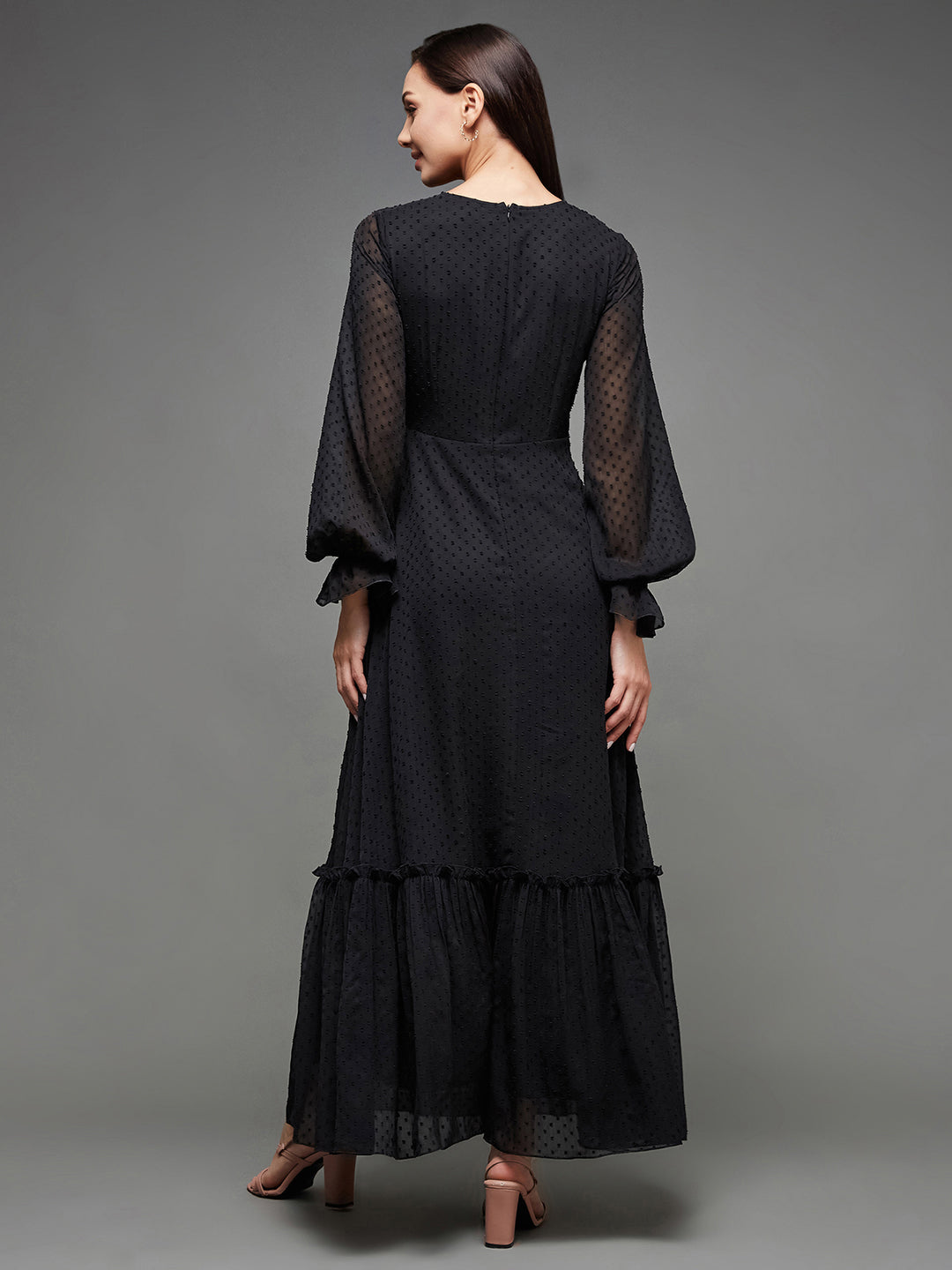 Women's Black Self Design V-Neck Bishop Sleeves Chiffon Wrap Maxi Dress