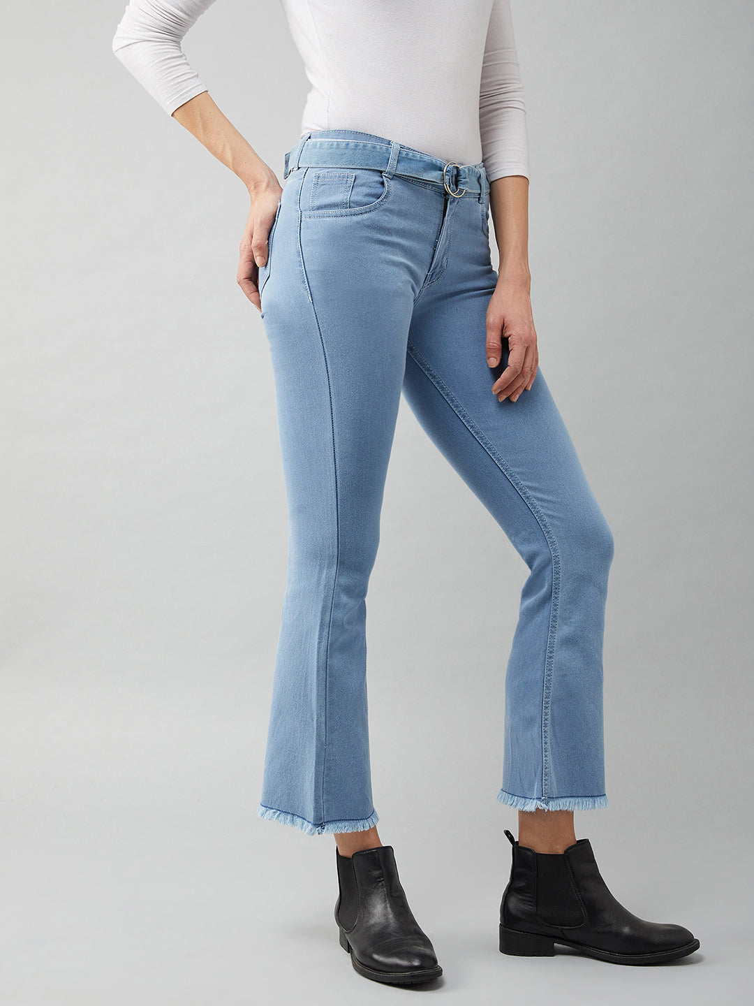 Light Blue Cotton Bootcut Cropped High Rise Stretchable Denim Jeans for Women