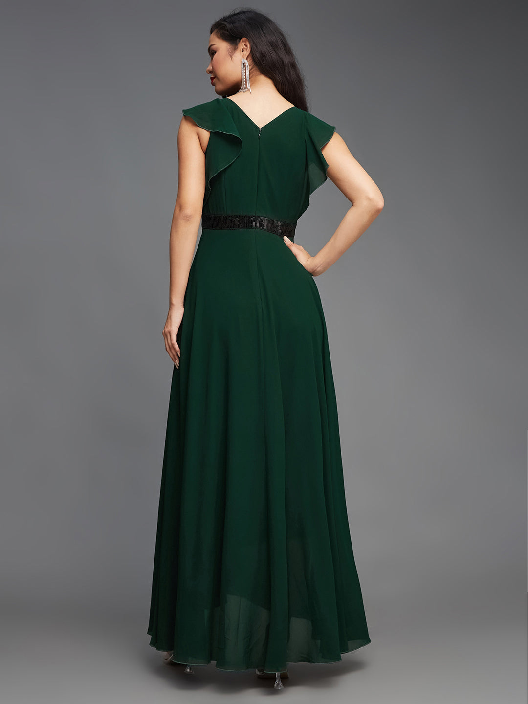 Women's Green V-Neck Ruffled Sleeve Sequined Party Maxi Dress