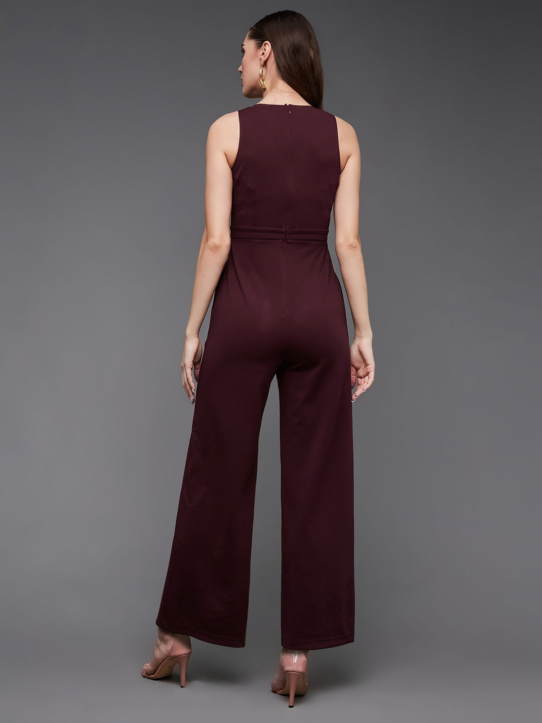 Crease Ease Women's Wine V-Neck Sleeveless Solid Wrap Regular Jumpsuit