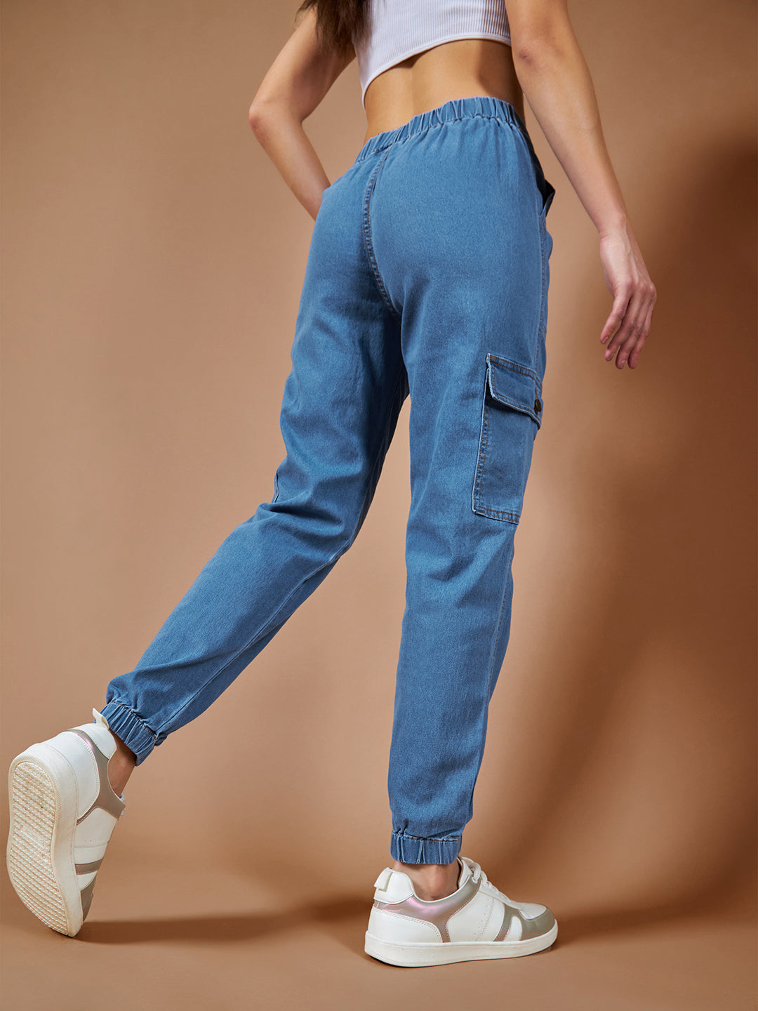 Women's Blue Regular High rise Stretchable Denim Joggers