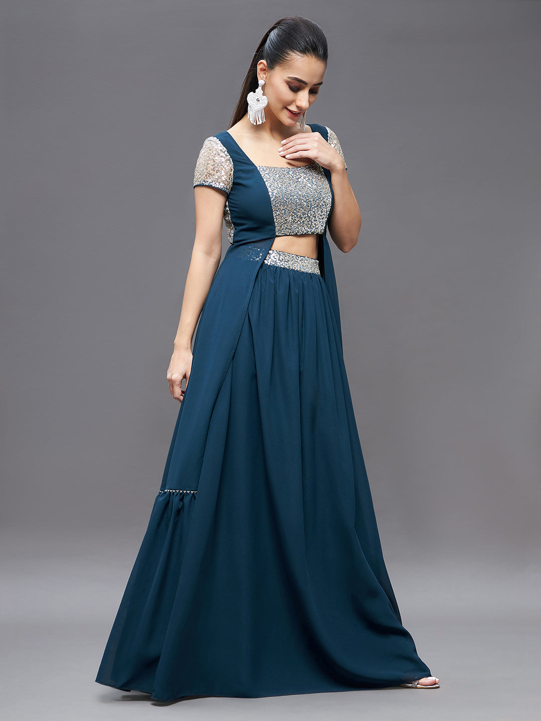 Women's Teal Embellished Square Neck Short Sleeves Waist Band Pocketed Tiered Maxi Co-Ord Set.