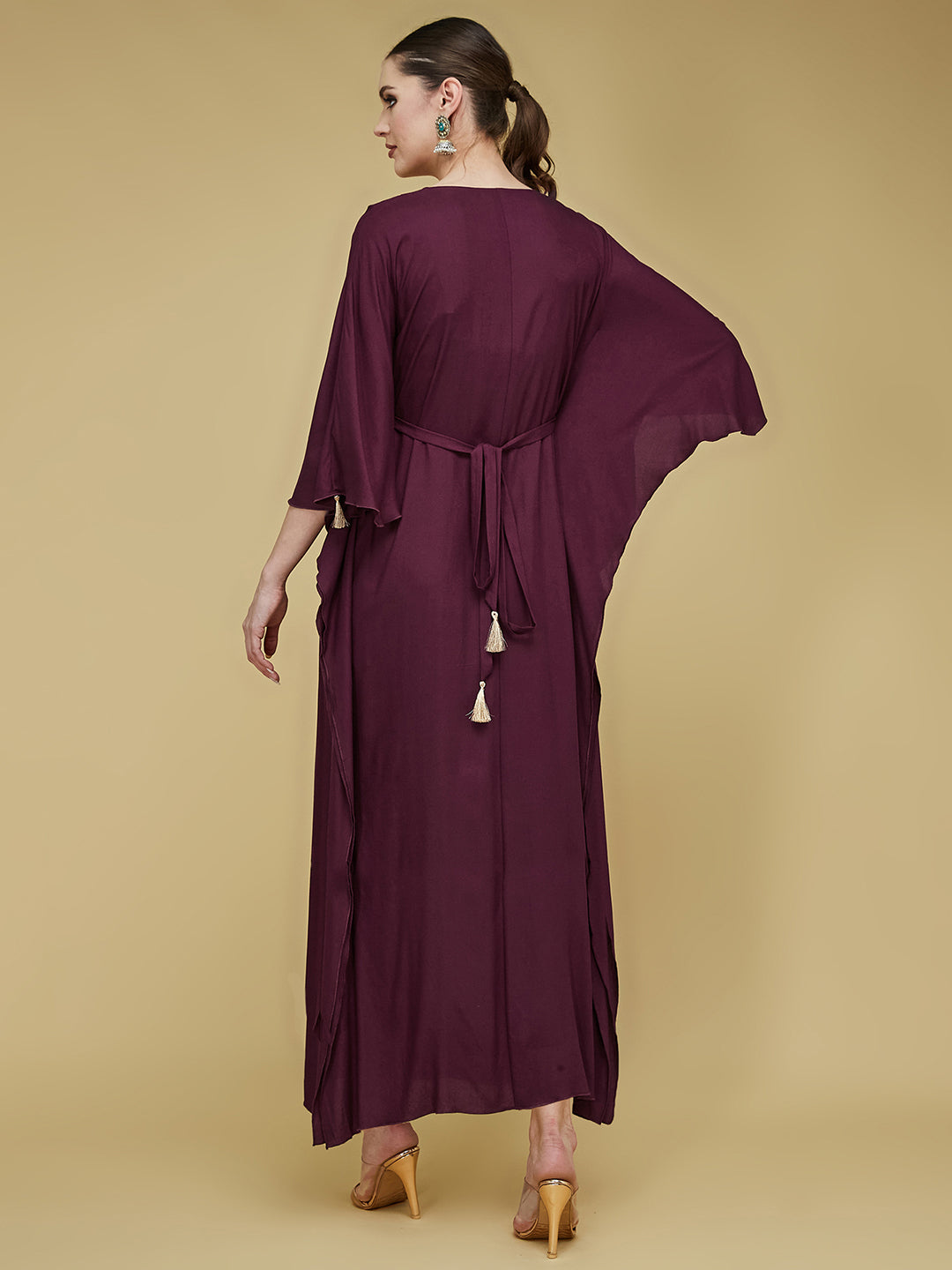 Women's Wine V-Neck 3/4 Sleeve Solid Viscose Rayon Maxi Kaftan Dress