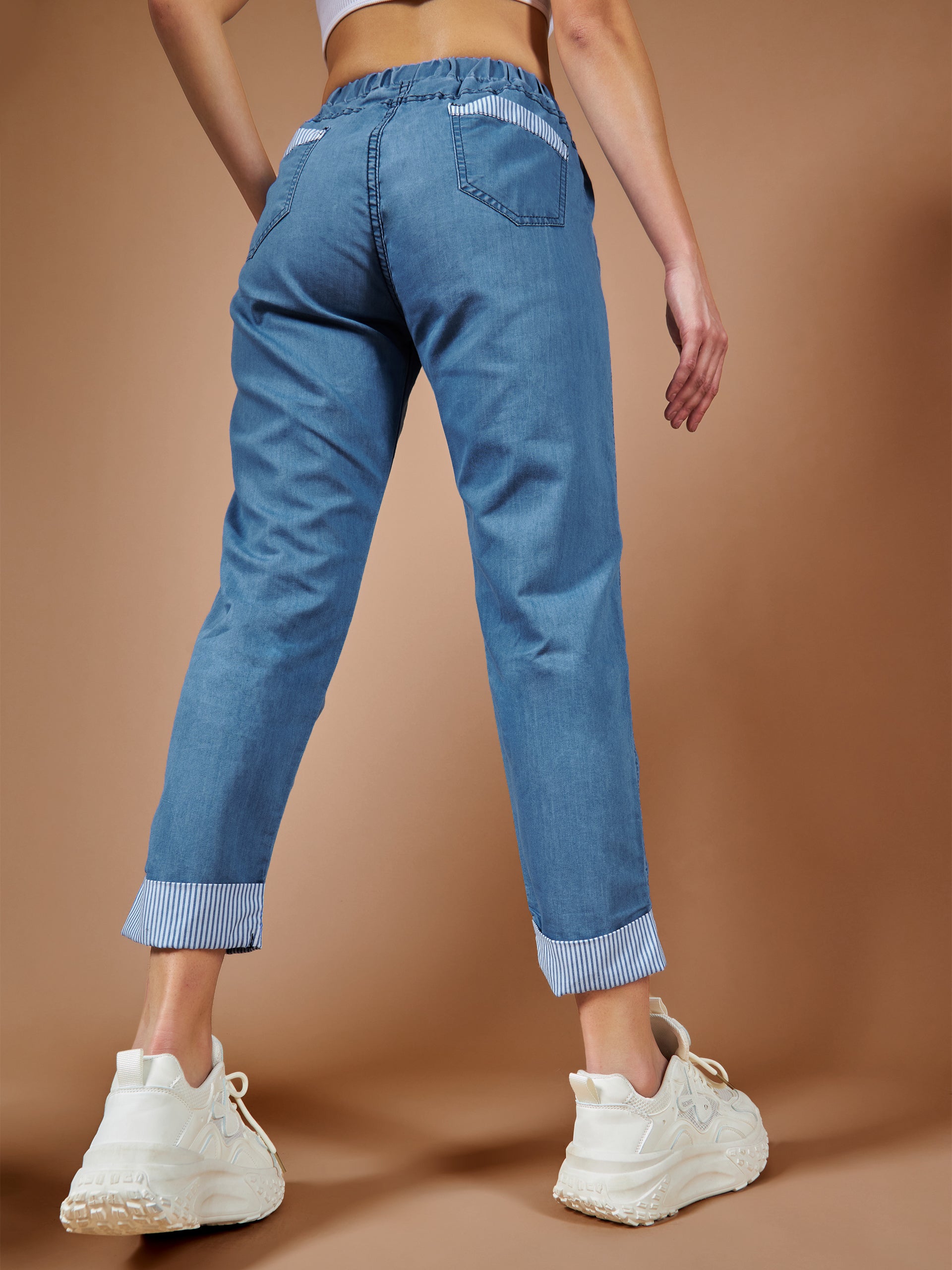 Women's Blue High-Rise Clean-Look Solid Cropped Striped Detailing Denim Joggers