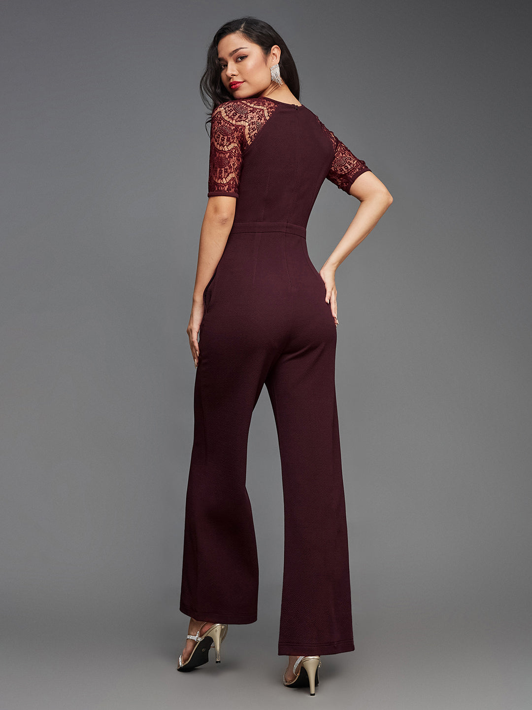 Crease Ease Women's Dark Purple Raglan Half Sleeve Solid Waist Cut-Out Regular Length Jumpsuit