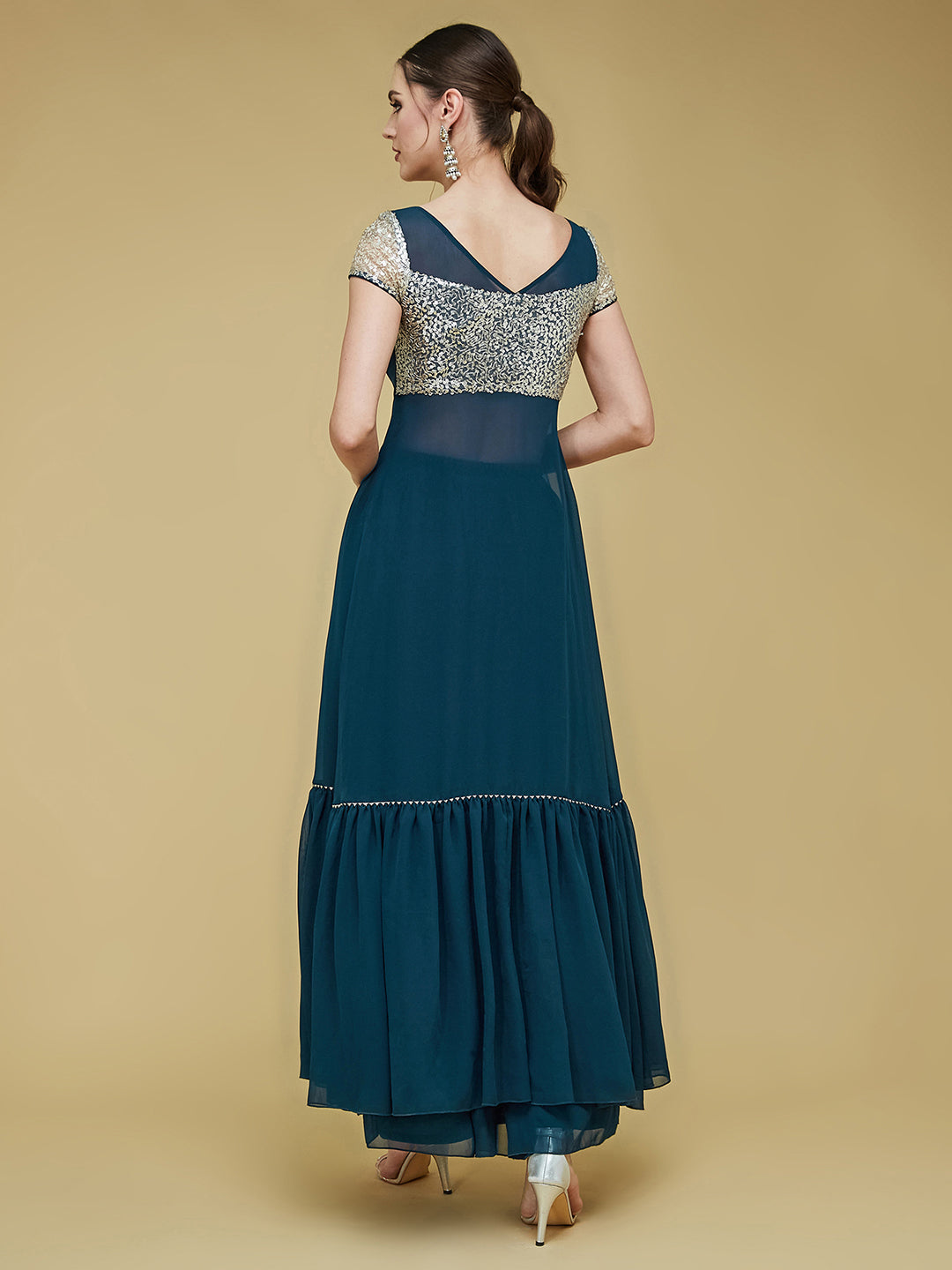 Women's Teal Embellished Square Neck Short Sleeves Waist Band Pocketed Tiered Maxi Co-Ord Set.