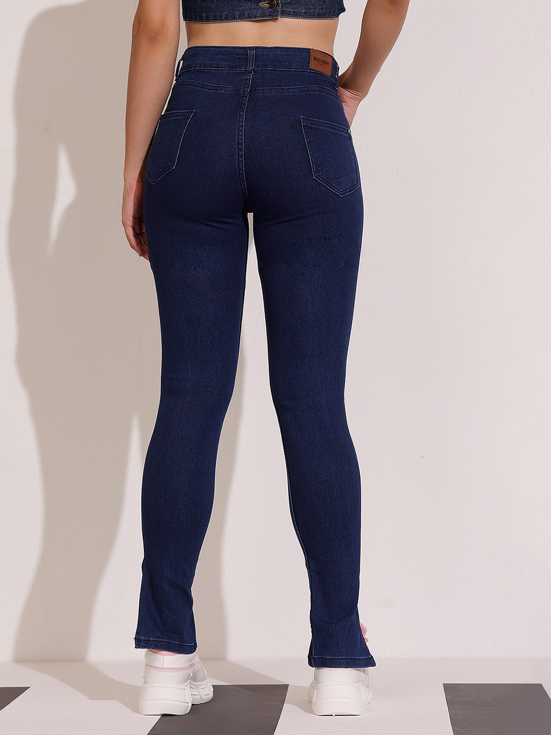Women's Navy Blue Skinny Fit Mid Rise Cropped Length Side Slit Denim Stretchable Jeans