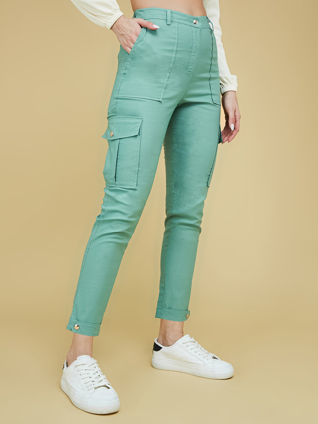 Women's Turquoise Solid Polyester High Waist Regular Length Trouser