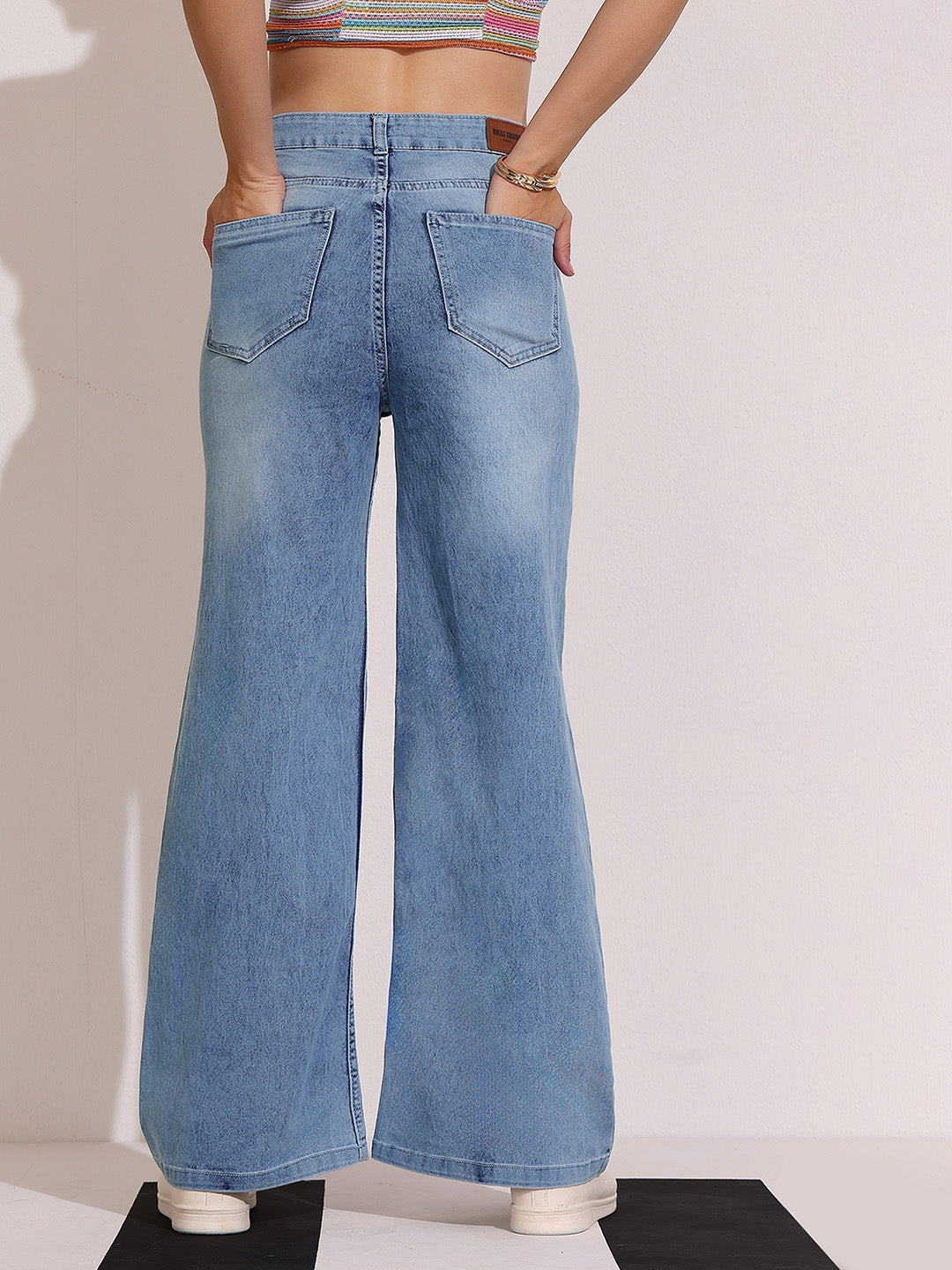 Women's Light Blue Wide-Leg High Rise Clean Look Regular Length Stretchable Shaping Denim Jeans
