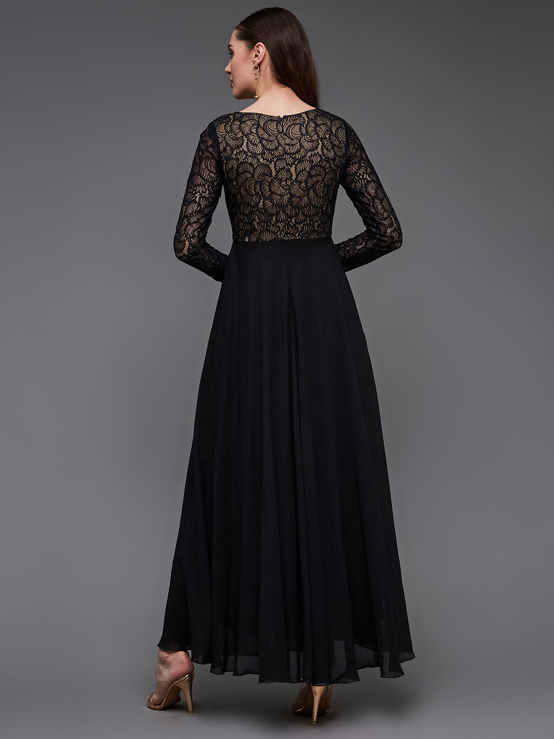 Women's Black V-Neck Full Sleeve Self Design Lace-Overlaid Georgette Maxi Dress