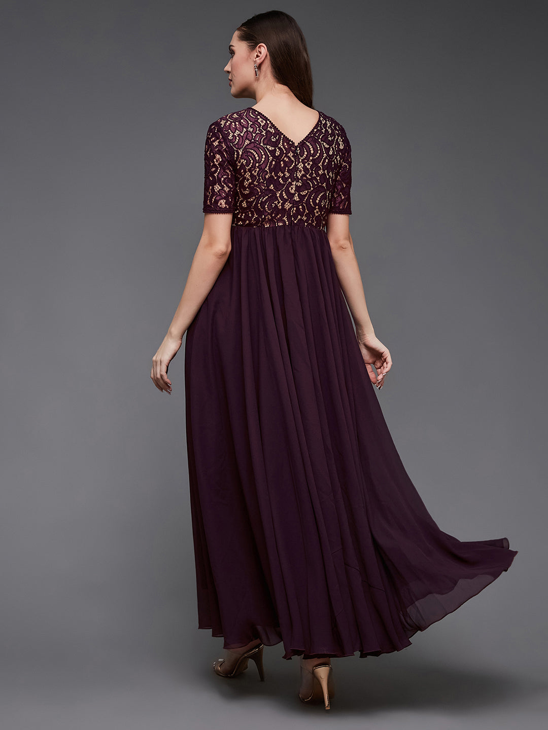 Wine V-Neck Half Sleeve Self Designed Wrap Georgette Maxi Dress for Women — Miss Chase