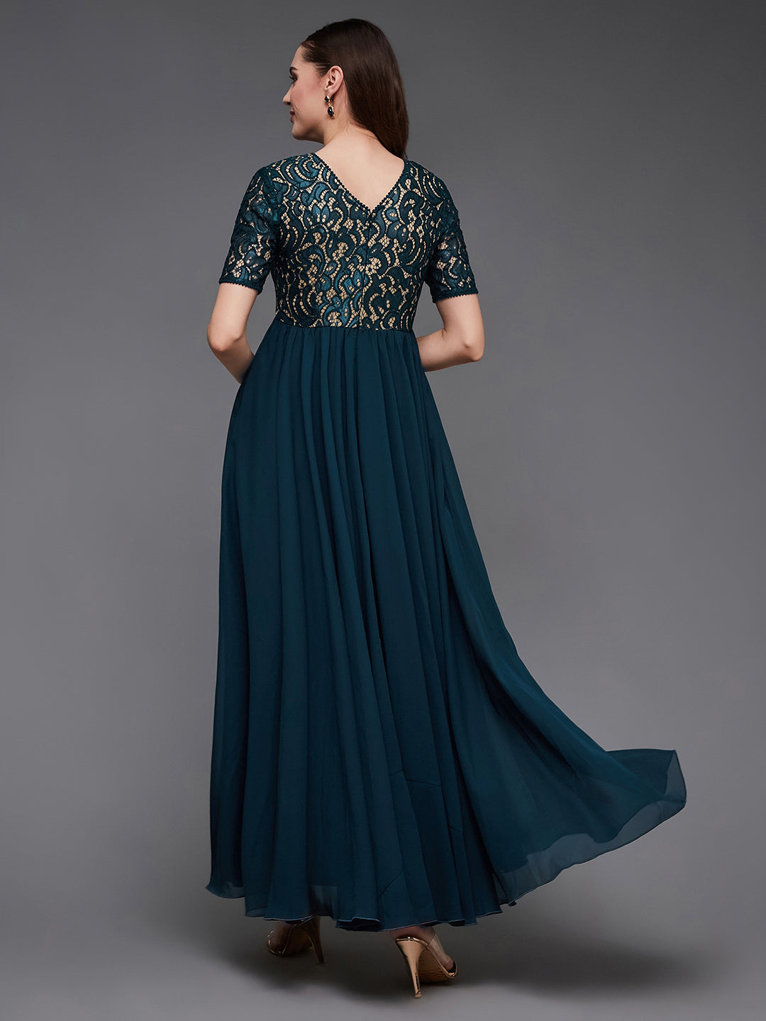 Teal V-Neck Half Sleeve Self Designed Wrap Georgette Maxi Dress for Women — Miss Chase