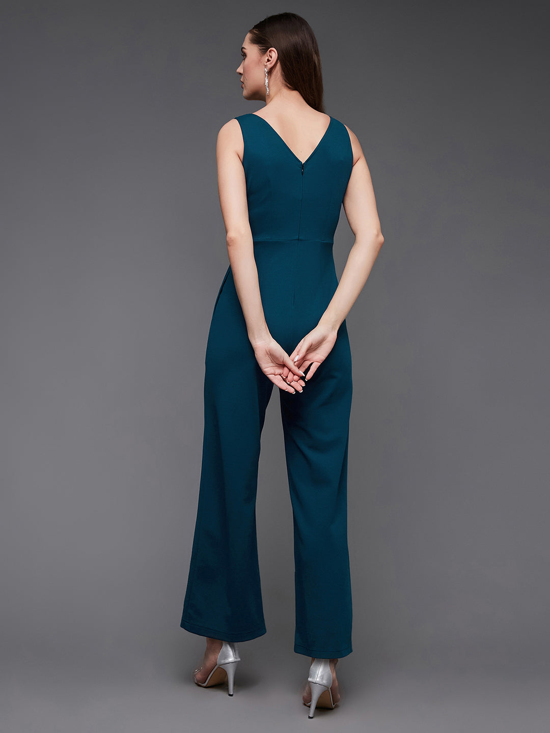 Teal V-Neck Sleeveless Embellished Straight-Leg Regular-Length Polyester Jumpsuit for Women